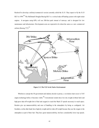 Rockwell to develop a military/commercial version currently called the X-33. They expect to fly the X-33 
RLV in 1999.96 The McDonnell Douglas/Boeing RLV is a vertical take-off/landing system with eight rocket 
engines. It navigates using GPS, will use 200-foot pads instead of runways, and is designed for low 
maintenance and infrastructure. Development costs are expected to be about the same as a new commercial 
41 
airliner (Boeing 777).97 
Figure 3-3. The TAV in its Native Environment 
Whichever concept the US government and industry decide to pursue, a revolution must occur in TAV 
engine technology before it becomes viable.98 Conventional rockets have low dry weight (without fuel) and 
high gross take-off weight (lots of fuel and oxygen) to reach the Mach 25 speeds necessary to reach space. 
Rockets give up maneuverability and ease of handling in the atmosphere by being so configured. Air 
breathers, on the other hand, have high dry weight and low take-off weight because they use the oxygen in the 
atmosphere as part of their fuel. They have great maneuverability, but have considerably lower top speeds. 
 