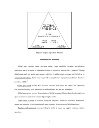 Figure A-1. Space Operations Missions 
Some Important Definitions 
Global space presence means providing military space capability, including non-belligerent 
applications and/or leveraging of information, to deter or compel an actor or affect a situation.1 Through 
global space reach and global space power, multiplied by global space awareness and backed up by 
sustainment and readiness, the Air Force can provide an unmatched power projection capability to America’s 
73 
joint force in 2025.2 
Global space reach includes those activities conducted from space that improve the operational 
effectiveness of military forces operating in all mediums (space, air, land, sea, subsurface). 
Global space power involves the application of the full spectrum of force, physical and virtual, from 
space on demand to an adversary’s means of pursuing the conflict. 
Global space awareness is achieved through the integrated, worldwide acquisition, transmission, 
storage, and processing of information through space to enhance the employment of all military forces. 
Readiness and sustainment means providing the ability to mount and support continuous military 
operations.3 
 