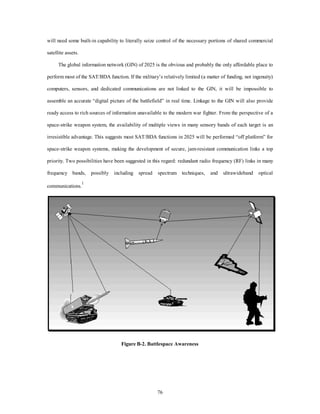 will need some built-in capability to literally seize control of the necessary portions of shared commercial 
76 
satellite assets. 
The global information network (GIN) of 2025 is the obvious and probably the only affordable place to 
perform most of the SAT/BDA function. If the military’s relatively limited (a matter of funding, not ingenuity) 
computers, sensors, and dedicated communications are not linked to the GIN, it will be impossible to 
assemble an accurate “digital picture of the battlefield” in real time. Linkage to the GIN will also provide 
ready access to rich sources of information unavailable to the modern war fighter. From the perspective of a 
space-strike weapon system, the availability of multiple views in many sensory bands of each target is an 
irresistible advantage. This suggests most SAT/BDA functions in 2025 will be performed “off platform” for 
space-strike weapon systems, making the development of secure, jam-resistant communication links a top 
priority. Two possibilities have been suggested in this regard: redundant radio frequency (RF) links in many 
frequency bands, possibly including spread spectrum techniques, and ultrawideband optical 
communications.1 
Figure B-2. Battlespace Awareness 
 