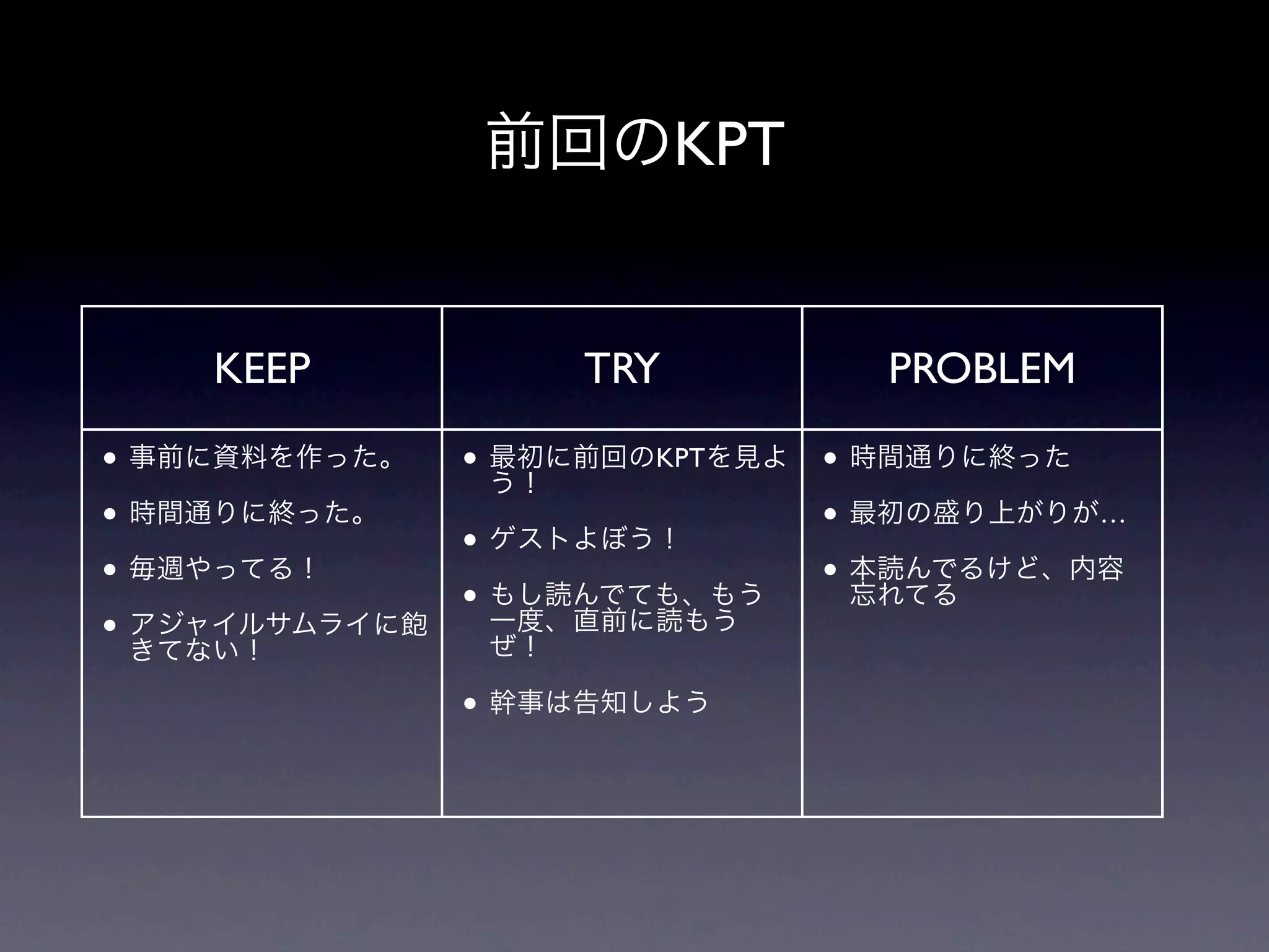 前回のKPT


    KEEP          TRY         PROBLEM

• 事前に資料を作った。 • 最初に前回のKPTを見よ • 時間通りに終った
                う！
• 時間通りに終った。                 • 最初の盛り上がりが…
              • ゲストよぼう！
• 毎週やってる！                   • 本読んでるけど、内容
              • もし読んでても、もう    忘れてる
• アジャイルサムライに飽 一度、直前に読もう
  きてない！         ぜ！

              • 幹事は告知しよう
 