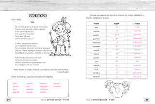 24 25Oficina de REFORÇO ESCOLAR – 4O
ANO Oficina de REFORÇO ESCOLAR – 4O
ANO
Escreva as palavras do exercício anterior em ordem alfabética e,
depois, complete o quadro.
Palavra Dígrafo Sílabas
aqui
casinha
guarani
guerreiro
indiozinho
linguagem
pesque
porque
quando
que
querido
terra
território
tranquilo
DÍGRAFOS
Leia o texto:
Índio
Ele é o dono da terra, porque já estava aqui.
Pois ele cuida bem dela, é tupi ou guarani.
A sua casinha é uma oca.
Vive caçando e pescando.
Sua cidade é a taba.
Vou te contar o que eu li.
O índio é um guerreiro valente.
Só luta quando é provocado.
Pois ele vive em tribos, em território afastado.
Tem sua própria linguagem, danças e seus rituais,
Respeitando a natureza e também os animais.
Indiozinho querido, estou com você.
Farei de tudo pra te proteger.
Indiozinho valente, cace e pesque em paz.
Viva tranquilo com teus animais.
(Texto retirado da coleção Cantando e aprendendo com datas comemorativas,
Editora Rideel.)
Retire do texto as palavras que possuem dígrafos.
qu a-qui
nh ca-si-nha
gu; rr gua-ra-ni
gu guer-rei-ro
nh in-dio-zi-nho
gu lin-gua-gem
qu pes-que
qu por-que
qu quan-do
qu que
qu que-ri-do
rr ter-ra
rr ter-ri-tó-rio
qu tran-qui-lo
terra
porque
aqui
guarani
casinha
que
guerreiro
quando
território
linguagem
indiozinho
querido
pesque
tranquilo
 