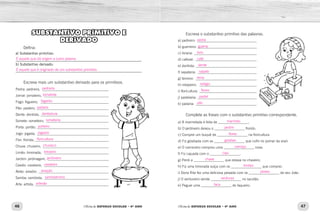 46 47Oficina de REFORÇO ESCOLAR – 4O
ANO Oficina de REFORÇO ESCOLAR – 4O
ANO
Escreva o substantivo primitivo das palavras.
a) pedreiro: __________________________________
b) guerreiro: __________________________________
c) livraria: ____________________________________
d) cafezal: ___________________________________
e) dentista: __________________________________
f) sapataria: __________________________________
g) terreno: ___________________________________
h) relojoeiro: _________________________________
i) floricultura: _________________________________
j) pastelaria: __________________________________
k) padaria: ___________________________________
Complete as frases com o substantivo primitivo correspondente.
a) A marmelada é feita de _________________.
b) O jardineiro deixou o _________________ florido.
c) Comprei um buquê de _________________ na floricultura
d) Fiz goiabada com as _________________ que colhi no pomar da vovó.
e) O carroceiro comprou uma _________________ nova.
f) Fiz cajuada com o _________________.
g) Perdi a _________________ que estava no chaveiro.
h) Fiz uma limonada suíça com os _________________ que comprei.
i) Dona Rita fez uma deliciosa peixada com os _________________ de seu João.
j) O verdureiro vende _________________ no sacolão.
k) Peguei uma _________________ do faqueiro.
SUBSTANTIVO PRIMITIVO E
DERIVADO
Defina:
a) Substantivo primitivo:
_____________________________________________________________
b) Substantivo derivado:
_____________________________________________________________
Escreva mais um substantivo derivado para os primitivos.
Pedra: pedreira, ______________________________________
Jornal: jornaleiro, _____________________________________
Fogo: fogueira, _______________________________________
Pão: padeiro, _________________________________________
Dente: dentista, _______________________________________
Sorvete: sorveteiro, ____________________________________
Porta: portão, ________________________________________
Jogo: jogada, _________________________________________
Flor: florista, __________________________________________
Chuva: chuveiro, ______________________________________
Limão: limonada, _____________________________________
Jardim: jardinagem, ___________________________________
Cavalo: cavalaria, _____________________________________
Avião: aviador, ________________________________________
Samba: sambista, _____________________________________
Arte: artista, __________________________________________
pedra
guerra
livro
café
dente
sapato
terra
relógio
flores
pastel
pão
marmelo
jardim
flores
goiabas
carroça
caju
chave
limões
peixes
verduras
faca
É aquele que dá origem a outra palavra.
É aquele que é originado de um substantivo primitivo.
pedraria
jornalista
fogaréu
padaria
dentadura
sorveteria
porteiro
jogador
floricultura
chuvisco
limoeiro
jardineiro
cavaleiro
aviação
sambódromo
artesão
 