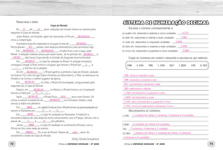 72 73Oficina de REFORÇO ESCOLAR – 4O
ANO Oficina de REFORÇO ESCOLAR – 4O
ANO
SISTEMA DE NUMERAÇÃO DECIMAL
Escreva o número correspondente a:
a) quatro mil, trezentos e setenta e cinco unidades- _________________________
b) sete mil, seiscentos e oitenta e duas unidades- ___________________________
c) nove mil, oitocentos e cinquenta unidades- ______________________________
d) dois mil, novecentos e noventa e nove unidades- _________________________
e) cinco mil, oitocentos e quarenta e cinco unidades- __________________________
Copie os números em ordem crescente e escreva-os por extenso.
____________________________________________________________
____________________________________________________________
____________________________________________________________
____________________________________________________________
____________________________________________________________
____________________________________________________________
____________________________________________________________
____________________________________________________________
Decomponha os números.
1.234- _______________________________________________________________
_____________________________________________________________________
2.009- _______________________________________________________________
741- _________________________________________________________________
12.345- ______________________________________________________________
____________________________________________________________
298 2.345 780 1.349 567 1.809 199 5.765
Reescreva o texto:
Copa do Mundo
De _______ em ________ anos, seleções do mundo inteiro se reúnem para
disputar a Copa do Mundo.
Jules Rimet, um francês, após ter assumido a Fifa em _______________,
criou a competição.
A primeira Copa foi realizada no Uruguai no ano de __________________.
Participaram ________ países, sem disputa eliminatória como acontece hoje.
Em ____________ e _______________, a Itália ficou com a taça Jules
Rimet. A seleção italiana venceu por duas vezes. Já no período de ___________ a
__________, não houve Copa devido à eclosão da Segunda Guerra Mundial.
Em ______________, a Copa foi sediada no Brasil. A seleção brasileira
conseguiu chegar à final contra o Uruguai, que venceu o Brasil por _______ a
_________ e tornou-se a campeã.
Só em _______________ o Brasil ganhou a primeira Copa do Mundo, sediada
na Suécia. Foi o ano em que Edson Arantes do Nascimento, o Pelé, se destacou no
futebol e se tornou o melhor jogador da época.
Em _______________, no Chile, o Brasil foi bicampeão, conquistando pela
segunda vez a Copa do Mundo.
Depois, em ________________, no México, o Brasil tornou-se tricampeão.
Venceu a Itália por _______ a ______.
Após _______________, o Brasil ficou __________ anos sem títulos. Só
voltou a vencer novamente em _______________ nos Estados Unidos, onde
venceu a Itália nos pênaltis.
Em _____________, no Japão/Coreia do Sul, o Brasil tornou-se pentacampeão ao
vencer a Alemanha por __________ a __________.
Em _______________, a Copa foi sediada na Alemanha. A Itália foi a
vencedora depois de uma disputa muito emocionante com a França. Venceu com o
placar de __________ a ___________nos pênaltis.
Já em ____________, a Copa foi sediada no continente africano, com a
África do Sul como sede do evento.
Em _____________, foi a vez do Brasil. Depois de ________ anos, foi
novamente a sede da Copa do Mundo.
(Kelly Cláudia Gonçalves)
4.375
7.682
9.850
2.999
5.845
199- cento e noventa e nove
298- duzentos e noventa e oito
567- quinhentos e sessenta e sete
780- setecentos e oitenta
1.349- mil trezentos e quarenta e nove
1.809- mil oitocentos e nove
2.345- dois mil trezentos e quarenta e cinco
5.765- cinco mil setecentos e sessenta e cinco
1 unidade de milhar, 2 centenas, 3 dezenas e 4 unidades.
2 unidades de milhar e 9 unidades.
7 centenas, 4 dezenas e 1 unidade.
	 1 dezena de milhar, 2 unidades de milhar, 3 centenas,
4 dezenas e 5 unidades.
IV IV
MCMXXVIII
MCMXXX
XVI
MCMXXXIV MCMXXXVIII
MCMXLII
MCMXLVI
MCML
II
I
MCMLVIII
MCMLXII
MCMLXX XXIV
MCMXCIV
MMII
MMVI
II
V
MMX
MMXIV LXIV
III
0
MCMLXX
IV I
 