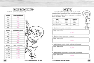 88 89Oficina de REFORÇO ESCOLAR – 4O
ANO Oficina de REFORÇO ESCOLAR – 4O
ANO
ADIÇÕES
Para saber o filme que a população de uma cidade
prefere, foi feita uma pesquisa entre homens e mulheres
de várias idades. Veja o número de pessoas entrevistadas
e suas respectivas idades:
Idade Homens Mulheres
Menos de 20 anos 10.345 8.634
Entre 20 e 35 anos 14.643 6.720
Mais de 35 anos 6.089 3.651
1 - Quantos homens foram entrevistados?
Espaço para cálculos
2 - Quantas mulheres responderam à pesquisa?
Espaço para cálculos
3 - Quantas pessoas com 20 anos ou mais foram entrevistadas?
Espaço para cálculos
4 - Quantas pessoas com menos de 20 anos foram entrevistadas?
Espaço para cálculos
ARREDONDAMENTO
Arredonde os números como se pede.
Número Dezena mais próxima
124
88
367
1.342
1.609
968
Número Centena mais próxima
678
1.304
480
3.567
109
768
Número Milhar mais próxima
1.246
12.642
3.754
34.473
5.870
21.109
31.077
19.055
31.103
18.979
120
90
370
1.340
1.610
970
700
1.300
500
3.500
100
800
1.000
13.000
4.000
34.000
6.000
21.000
 