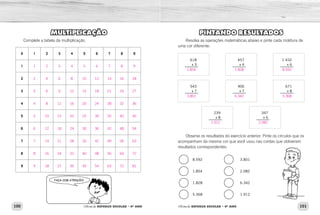 100 101Oficina de REFORÇO ESCOLAR – 4O
ANO Oficina de REFORÇO ESCOLAR – 4O
ANO
PINTANDO RESULTADOS
Resolva as operações matemáticas abaixo e pinte cada moldura de
uma cor diferente:
618
x 3
 
457
x 4
 
1.432
x 6
 
543
x 7
 
906
x 7
 
671
x 8
 
239
x 8
 
347
x 6
 
Observe os resultados do exercício anterior. Pinte os círculos que os
acompanham da mesma cor que você usou nas contas que obtiveram
resultados correspondentes:
8.592 3.801
1.854 2.082
1.828 6.342
5.368 1.912
MULTIPLICAÇÃO
Complete a tabela da multiplicação.
X 1 2 3 4 5 6 7 8 9
1
2
3
4
5
6
7
8
9
1.854 1.828 8.592
3.801 6.342 5.368
1.912 2.082
1 2 3 4 5 6 7 8 9
2 4 6 8 10 12 14 16 18
3 6 9 12 15 18 21 24 27
4 8 12 16 20 24 28 32 36
5 10 15 20 25 30 35 40 45
6 12 18 24 30 36 42 48 54
7 14 21 28 35 42 49 56 63
8 16 24 32 40 48 56 64 72
9 18 27 36 45 54 63 72 81
 