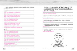 104 105Oficina de REFORÇO ESCOLAR – 4O
ANO Oficina de REFORÇO ESCOLAR – 4O
ANO
PROBLEMAS DE MULTIPLICAÇÃO
1- Uma padaria produz por dia 980 pães. Quantos pães essa padaria produzirá
em 15 dias? E em um mês?
_____________________________________________________________
_____________________________________________________________
2- Uma hora tem 60 minutos e um dia tem 24 horas. Quantos minutos tem um
dia?
_____________________________________________________________
3- Uma dúzia de laranjas custa R$ 4,80. Calcule o preço de 30 laranjas.
_____________________________________________________________
4- Uma torneira com vazamento desperdiça 18 litros de água por dia. Qual será
o desperdício de água em uma semana?
_____________________________________________________________
5- Bárbara tem R$ 126,00. Seu irmão tem o sêxtuplo dessa quantia. Quanto
têm os dois juntos?
_____________________________________________________________
Agora, escreva por extenso os números das duas tabelas anteriores
em ordem crescente:
1ª tabela
2ª tabela
Os dois juntos têm R$756,00.
126 litros de água.
30 laranjas custam R$ 12,00.
Um dia tem 1.440 minutos.
Em um mês, produzirá 29.400 pães.
Em 15 dias, produzirá 14.700 pães.
2.256- Dois mil, duzentos e cinquenta e seis
2.820- Dois mil, oitocentos e vinte
3.384- Três mil, trezentos e oitenta e quatro
4.936- Quatro mil, novecentos e trinta e seis
6.170- Seis mil, cento e setenta
7.404- Sete mil, quatrocentos e quatro
10.612- Dez mil, seiscentos e doze
13.265- Treze mil, duzentos e sessenta e cinco
13.632- Treze mil, seiscentos e trinta e dois
15.918- Quinze mil, novecentos e dezoito
17.040- Dezessete mil e quarenta
20.448- Vinte mil, quatrocentos e quarenta e oito
2.415- Dois mil, quatrocentos e quinze
2.760- Dois mil, setecentos e sessenta
3.105- Três mil, cento e cinco
5.950- Cinco mil, novecentos e cinquenta
6.342- Seis mil, trezentos e quarenta e dois
6.800- Seis mil e oitocentos
7.248- Sete mil, duzentos e quarenta e oito
7.650- Sete mil, seiscentos e cinquenta
8.154- Oito mil, cento e cinquenta e quatro
16.100- Dezesseis mil e cem
18.400- Dezoito mil e quatrocentos
20.700- Vinte mil e setecentos
 