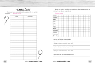 122 123Oficina de REFORÇO ESCOLAR – 4O
ANO Oficina de REFORÇO ESCOLAR – 4O
ANO
Monte um gráfico, pintando um quadrinho para cada aluno que faz
aniversário no mês correspondente:
Janeiro
Fevereiro
Março
Abril
Maio
Junho
Julho
Agosto
Setembro
Outubro
Novembro
Dezembro
• Em qual mês há mais aniversariantes?
_____________________________________________________________
• Há alguma data comemorativa nesse mês?
_____________________________________________________________
• Qual é o mês com menos aniversariantes?
_____________________________________________________________
• Há alguma data comemorativa nesse mês?
_____________________________________________________________
• Ficou algum mês sem aniversariantes? Qual?
_____________________________________________________________
CALENDÁRIO
Escreva o nome de cada aluno da sala e o mês em que faz
aniversário.
Aluno Aniversário
Resposta pessoal.Resposta pessoal.
 