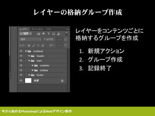 今から始めるPhotoshopによるWebデザイン制作
レイヤーをコンテンツごとに
格納するグループを作成
レイヤーの格納グループ作成
1. 新規アクション
2. グループ作成
3. 記録終了
 
