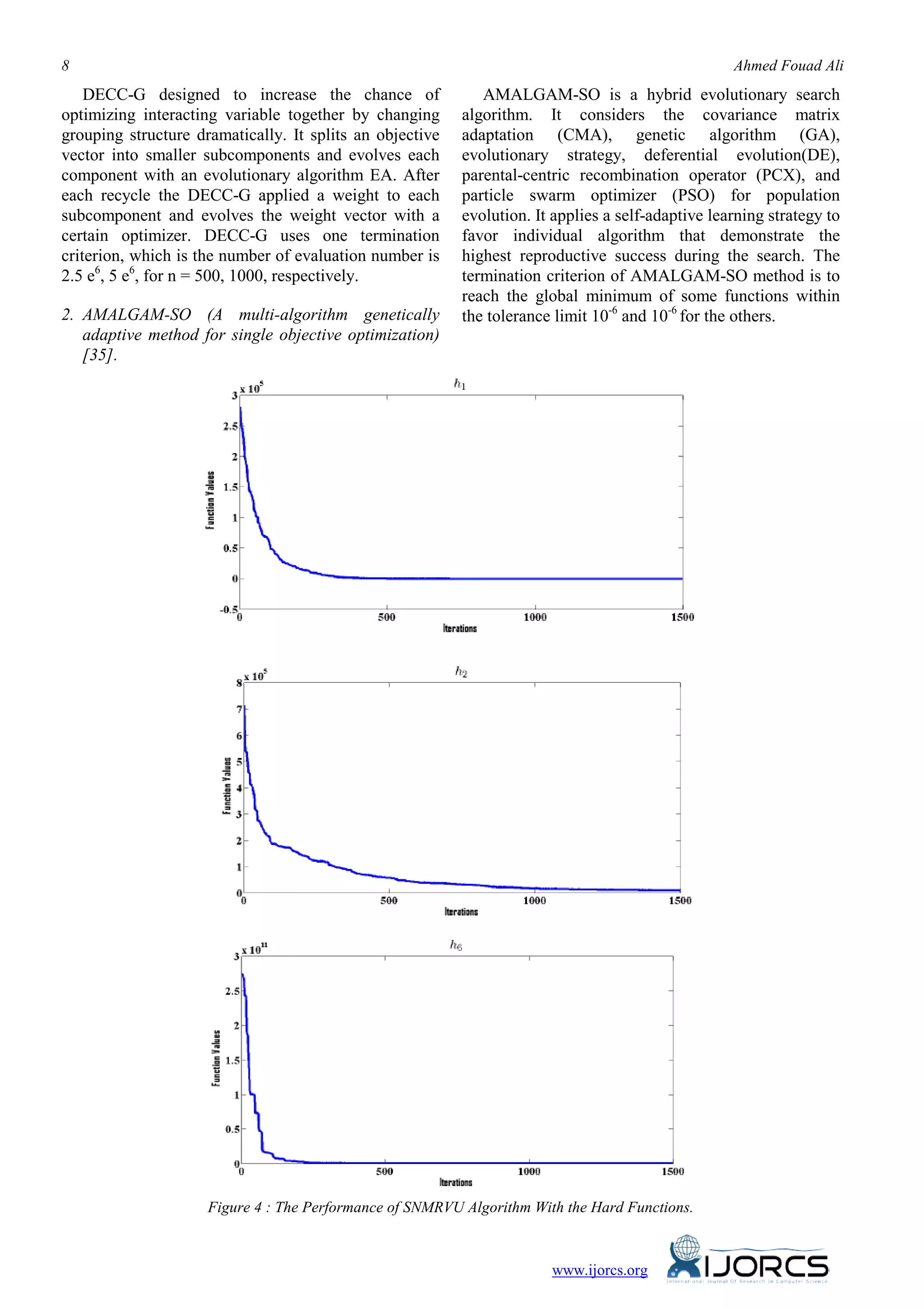 8 Ahmed Fouad Ali
DECC-G designed to increase the chance of
optimizing interacting variable together by changing
grouping structure dramatically. It splits an objective
vector into smaller subcomponents and evolves each
component with an evolutionary algorithm EA. After
each recycle the DECC-G applied a weight to each
subcomponent and evolves the weight vector with a
certain optimizer. DECC-G uses one termination
criterion, which is the number of evaluation number is
2.5 e6
, 5 e6
, for n = 500, 1000, respectively.
2. AMALGAM-SO (A multi-algorithm genetically
adaptive method for single objective optimization)
[35].
AMALGAM-SO is a hybrid evolutionary search
algorithm. It considers the covariance matrix
adaptation (CMA), genetic algorithm (GA),
evolutionary strategy, deferential evolution(DE),
parental-centric recombination operator (PCX), and
particle swarm optimizer (PSO) for population
evolution. It applies a self-adaptive learning strategy to
favor individual algorithm that demonstrate the
highest reproductive success during the search. The
termination criterion of AMALGAM-SO method is to
reach the global minimum of some functions within
the tolerance limit 10-6
and 10-6
for the others.
Figure 4 : The Performance of SNMRVU Algorithm With the Hard Functions.
www.ijorcs.org
 