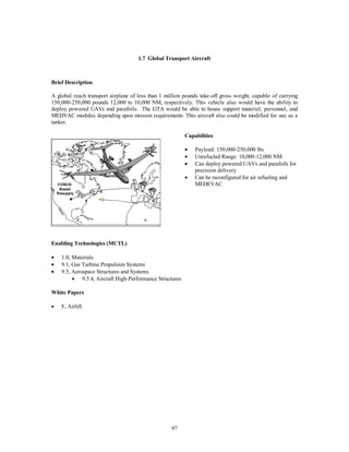 1.7 Global Transport Aircraft 
97 
Brief Description 
A global reach transport airplane of less than 1 million pounds take-off gross weight, capable of carrying 
150,000-250,000 pounds 12,000 to 10,000 NM, respectively. This vehicle also would have the ability to 
deploy powered UAVs and parafoils. The GTA would be able to house support materiel, personnel, and 
MEDVAC modules depending upon mission requirements. This aircraft also could be modified for use as a 
tanker. 
CONUS-Based 
Resupply 
Capabilities 
·  Payload: 150,000-250,000 lbs 
·  Unrefueled Range: 10,000-12,000 NM 
·  Can deploy powered UAVs and parafoils for 
precision delivery 
·  Can be reconfigured for air refueling and 
MEDEVAC 
Enabling Technologies (MCTL) 
·  1.0, Materials 
·  9.1, Gas Turbine Propulsion Systems 
·  9.5, Aerospace Structures and Systems 
·  9.5.4, Aircraft High-Performance Structures 
White Papers 
·  F, Airlift 
 