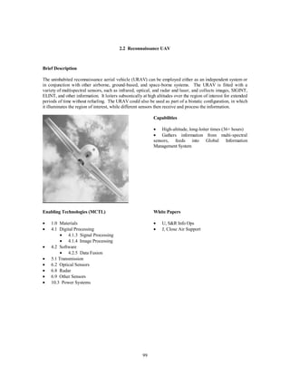 2.2 Reconnaissance UAV 
99 
Brief Description 
The uninhabited reconnaissance aerial vehicle (URAV) can be employed either as an independent system or 
in conjunction with other airborne, ground-based, and space-borne systems. The URAV is fitted with a 
variety of multispectral sensors, such as infrared, optical, and radar and laser, and collects images, SIGINT, 
ELINT, and other information. It loiters subsonically at high altitudes over the region of interest for extended 
periods of time without refueling. The URAV could also be used as part of a bistatic configuration, in which 
it illuminates the region of interest, while different sensors then receive and process the information. 
Capabilities 
·  High-altitude, long-loiter times (36+ hours) 
·  Gathers information from multi-spectral 
sensors, feeds into Global Information 
Management System 
Enabling Technologies (MCTL) 
·  1.0 Materials 
·  4.1 Digital Processing 
·  4.1.3 Signal Processing 
·  4.1.4 Image Processing 
·  4.2 Software 
·  4.2.5 Data Fusion 
·  5.1 Transmission 
·  6.2 Optical Sensors 
·  6.8 Radar 
·  6.9 Other Sensors 
·  10.3 Power Systems 
White Papers 
·  U, S&R Info Ops 
·  J, Close Air Support 
 
