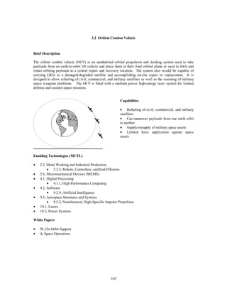3.2 Orbital Combat Vehicle 
105 
Brief Description 
The orbital combat vehicle (OCV) is an uninhabited orbital propulsion and docking system used to take 
payloads from an earth-to-orbit lift vehicle and place them in their final orbital plane or used to fetch and 
return orbiting payloads to a central repair and recovery location. The system also would be capable of 
carrying LRUs to a damaged/degraded satellite and accomplishing on-site repair or replacement. It is 
designed to allow refueling of civil, commercial, and military satellites as well as the rearming of military 
space weapons platforms. The OCV is fitted with a medium power high-energy laser system for limited 
defense and counter-space missions. 
Capabilities 
·  Refueling of civil, commercial, and military 
satellites 
·  Can maneuver payloads from one earth orbit 
to another 
·  Supply/resupply of military space assets 
·  Limited force application against space 
assets 
Enabling Technologies (MCTL) 
·  2.2, Metal Working and Industrial Production 
·  2.2.5, Robots, Controllers, and End Effectors 
·  2.6, Micromechanical Devices (MEMS) 
·  4.1, Digital Processing 
·  4.1.1, High-Performance Computing 
·  4.2, Software 
·  4.2.9, Artificial Intelligence 
·  9.5, Aerospace Structures and Systems 
·  9.5.2, Nonchemical, High-Specific Impulse Propulsion 
·  10.1, Lasers 
·  10.3, Power Systems 
White Papers 
·  W, On-Orbit Support 
· D, Space Operations 
 