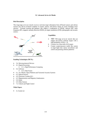 5.2 Advanced Air-to-Air Missile 
110 
Brief Description 
This long-range air-to-air missile receives real-time target information from off-board sensors and utilizes 
reactive jets and an on-board computer to acquire, pursue, and destroy enemy air assets including cruise 
missiles. Terminal tracking and guidance may employ a combination of LIDAR, infrared (IR), radio 
frequency (RF), magnetic anomaly detection (MAD), jet engine modulation (JEM), photographic and acoustic 
sensors. 
Capabilities 
·  100+ NM range air-to-air missile that can 
engage and destroy airborne targets with a 
high probability of kill (> .9) 
·  Counters low observable (LO) targets 
·  Counter countermeasures enable this system 
to target high-value enemy surveillance and 
control and jamming airborne platforms 
  
Enabling Technologies (MCTL) 
  
·  2.6, Micromechanical Devices 
·  4.1, Digital Processing 
·  4.1.1, High-Performance Computing 
·  4.2, Software 
·  4.2.5, Data Fusion 
·  6.1, Air, Marine, Space Platform and Terrestrial Acoustic Systems 
·  6.2, Optical Sensors 
·  6.4, Electronic Combat (EC) 
·  6.5, Magnetometers and Magnetic Gradiometers 
·  6.8, Radar 
·  6.9, Other Sensors 
·  7.3, Vehicle and Flight Control 
White Papers 
·  A, Counter air 
 