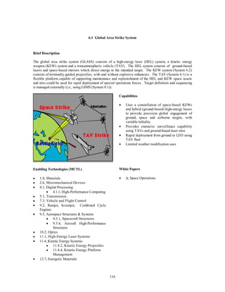 6.1 Global Area Strike System 
116 
Brief Description 
The global area strike system (GLASS) consists of a high-energy laser (HEL) system, a kinetic energy 
weapon (KEW) system and a transatmospheric vehicle (TAV). The HEL system consists of ground-based 
lasers and space-based mirrors which direct energy to the intended target. The KEW system (System 6.2) 
consists of terminally guided projectiles, with and without explosive enhancers. The TAV (System 4.1) is a 
flexible platform capable of supporting maintenance and replenishment of the HEL and KEW space assets 
and also could be used for rapid deployment of special operations forces. Target definition and sequencing 
is managed externally (i.e., using GIMS (System 8.1)). 
Capabilities 
·  Uses a constellation of space-based KEWs 
and hybrid (ground-based) high-energy lasers 
to provide precision global engagement of 
ground, space and airborne targets, with 
variable lethality 
·  Provides extensive surveillance capability 
using TAVs and ground-based laser sites 
·  Rapid deployment from ground to LEO using 
TAV fleet 
·  Limited weather modification uses 
Enabling Technologies (MCTL) 
  
·  1.0, Materials 
·  2.6, Micromechanical Devices 
·  4.1, Digital Processing 
·  4.1.1, High-Performance Computing 
·  5.1, Transmission 
·  7.3, Vehicle and Flight Control 
·  9.2, Ramjet, Scramjet, Combined Cycle 
Engines 
·  9.5, Aerospace Structures & Systems 
·  9.5.1, Spacecraft Structures 
·  9.5.4, Aircraft High-Performance 
Structures 
·  10.2, Optics 
·  11.1, High-Energy Laser Systems 
·  11.4, Kinetic Energy Systems 
·  11.4.2, Kinetic Energy Projectiles 
·  11.4.4, Kinetic Energy Platform 
Management 
·  12.7, Energetic Materials 
White Papers 
· D, Space Operations 
 