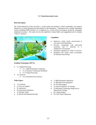 7.3 Virtual Interaction Center 
125 
Brief Description 
The Virtual Interaction Center describes a virtual reality environment in which commanders can immerse 
themselves in a three-dimensional representation of the battlespace. Information from a global information 
system, including GIMS (System 8.1), is displayed in a virtual reality environment, giving the commander 
situational awareness. The center also has the capability to replay battles and engagements and to simulate 
“what if” scenarios. 
Capabilities 
·  Immersive virtual reality environ-ment to 
view and control battlespace 
·  Provides commanders with situa-tional 
awareness and C4 functions in a 
collaborative environment 
·  Simulation capability for “what if” exercises 
·  Simulation and virtual reality environment 
for education and training 
Enabling Technologies (MCTL) 
·  4.1, Digital Processing 
·  4.1.1, High-Performance Computing 
·  4.1.2, Dynamic Training and Simulation 
·  4.1.4, Image Processing 
·  4.2, Software 
·  4.2.4, Hard Real-Time Systems 
White Papers 
·  A, Counterair 
·  J, Close Air Support 
·  K, Interdiction 
·  M, Information Operations 
·  N, Strategic Attack 
·  Q, Special and Humanitarian Ops 
·  U, S&R Information Operations 
·  V, S&R Real-Time Integration 
·  W, On-Orbit Support 
·  X, General Education & Training 
·  Z, Information Technology Integra-tion in 
Education & Training 
· Q, Combat Support 
· S2, AFIT Space Operations 
 