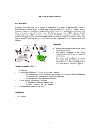 9.1 Mobile Asset Repair Station 
131 
Brief Description 
In wartime, replacement parts will be repaired or manufactured in the theater of operations for a variety of 
deployed weapon systems through the mobile asset repair station (MARS). MARS is a concept whereby 
parts can be repaired or manufactured using a mobile facility which can be land-based or water-based in the 
theater of operations, but out of harm’s way. The facility features a set of fully integrated flexible 
manufacturing systems (FMS) and robotic systems that are linked to the commercial manufacturers. These 
manufacturers supply the specifications to the FMS which then produces the part or component. Many of the 
required materials necessary for MARS to manufacture the components will be obtained from local 
countries. 
Capabilities 
·  Manufacture avionics and mechanical system 
components in-theater 
·  Uses flexible manufacturing and robotic 
systems electronically linked to commercial 
manufacturers 
·  Cut, repair, and manufacture turn-around 
times significantly by eliminating need to 
transport failed (or replacement) parts back 
to (or from) depot or commercial supplier 
Enabling Technologies (MCTL) 
·  1.0, Materials 
·  2.1, Automation of Industrial Processes, Systems, and Factories 
·  2.1.1, Computer-Aided Design/Engineering and Interface with Computer- Aided Manufacturing 
·  2.1.2, Computer-Aided Manufacturing, Inspection, and Testing 
·  2.1.3, Computer-Aided Servicing and Maintenance 
·  2.2, Metal Working and Industrial Production 
·  2.2.1, Numerically Controlled Machine Tools 
·  2.2.5, Robots, Controllers, and End Effectors 
·  2.6, Micromechanical Devices (MEMS) 
White Papers 
· W, Logistics 
 