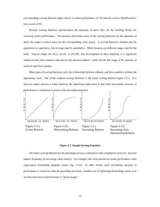 corresponding scoring function might convert a system performance of “83 percent correct identifications” 
12 
into a score of 92. 
Because scoring functions operationalize the measures of merit, they are the building blocks for 
assessing system performance. The domains (horizontal axes) of the scoring functions are the measures of 
merit; the ranges (vertical axes) are the corresponding value scores. A scoring function’s domain may be 
quantitative or qualitative, but its range must be quantitative. While domains are different, ranges must be the 
same. Typical ranges are [0,1], [0,10], or [0,100]. The development of these functions is a significant 
analytical task, since analysts must discern the decision makers’ values for the full range of the measure of 
merit for each force quality. 
Many types of scoring functions exist; the relationship between subtasks and force qualities dictates the 
appropriate form. One of the simplest scoring functions is the linear scoring function figure 2-2.a. If a 
decision maker chooses a linear function, the underlying implication is that each incremental increase in 
performance is valued just as much as the preceding increment. 
S 
C 
O 
R 
E 
MEASURE OF MERIT 
S 
C 
O 
R 
E 
MEASURE OF MERIT 
S 
C 
O 
R 
E 
MEASURE OF MERIT 
S 
C 
O 
R 
E 
MEASURE OF MERIT 
Figure 2-2.a 
Linear Returns 
Figure 2-2.b 
Diminishing Returns 
Figure 2-2.c 
Increasing Returns 
Figure 2-2.d 
Increasing-then- 
Diminishing Returns 
Figure 2-2. Sample Scoring Functions 
The linear scoring function has the advantages of easy construction and computation; however, decision 
makers frequently do not assign value linearly. For example, the value placed on system performance often 
experiences diminishing marginal returns (fig. 2-2.b). In other words, each incremental increase in 
performance is valued less than the preceding increment. Another way of explaining diminishing returns is to 
say that some level of performance is “good enough.” 
 