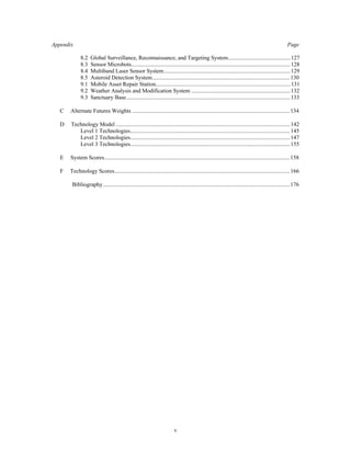 Appendix Page 
8.2 Global Surveillance, Reconnaissance, and Targeting System............................................127 
8.3 Sensor Microbots...............................................................................................................128 
8.4 Multiband Laser Sensor System.........................................................................................129 
8.5 Asteroid Detection System.................................................................................................130 
9.1 Mobile Asset Repair Station..............................................................................................131 
9.2 Weather Analysis and Modification System ......................................................................132 
9.3 Sanctuary Base...................................................................................................................133 
C Alternate Futures Weights ...............................................................................................................134 
D Technology Model ..........................................................................................................................142 
Level 1 Technologies................................................................................................................145 
Level 2 Technologies................................................................................................................147 
Level 3 Technologies................................................................................................................155 
E System Scores..................................................................................................................................158 
F Technology Scores...........................................................................................................................166 
Bibliography...................................................................................................................................176 
v 
 