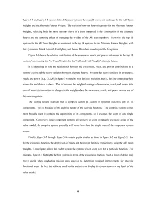 figure 3-4 and figure 3-5 reveals little difference between the overall scores and rankings for the AU Team 
Weights and the Alternate Futures Weights. The variation between futures is greater for the Alternate Futures 
Weights, reflecting both the more extreme views of a team immersed in the construction of the alternate 
futures and the centering effect of averaging the weights of the AU team members. However, the top 11 
systems for the AU Team Weights are contained in the top 14 systems for the Alternate Futures Weights, with 
the Hypersonic Attack Aircraft, Fotofighter, and Sensor Microbots rounding out the 14 systems. 
Figure 3-6 shows the relative contribution of the awareness, reach, and power sub-scores to the top 11 
systems’ scores using the AU Team Weights for the “Halfs and Half Naughts” alternate futures. 
It is interesting to note the relationship between the awareness, reach, and power contributions to a 
system’s score and the score variation between alternate futures. Systems that score similarly in awareness, 
reach, and power (e.g., GLASS in figure 3-6) tend to have the least variation; that is, the line connecting their 
scores for each future is short. This is because the weighted average of awareness, reach, and power (the 
overall score) is insensitive to changes in the weights when the awareness, reach, and power scores are of 
44 
the same magnitude. 
The scoring results highlight that a complex system (a system of systems) outscores any of its 
components. This is because of the additive nature of the scoring functions. The complex system scores 
more broadly since it contains the capabilities of its components, so it exceeds the score of any single 
component. Conversely, since component systems are unlikely to score in mutually exclusive areas of the 
value model, the complex system generally will score less than the simple sum of the component system 
scores. 
Finally, figure 3-7 through figure 3-9 contain graphs similar to those in figure 3-2 and figure3-3, but 
for the awareness function, the deploy task of reach, and the power function, respectively, using the AU Team 
Weights. These figures allow the reader to note the systems which score well for a particular function. For 
example, figure 3-7 highlights the best systems in terms of the awareness function. Such a level of detail may 
prove useful when conducting mission area analysis to determine required improvements for specific 
functional areas. In fact, the software used in this analysis can display the system scores at any level of the 
value model. 
 