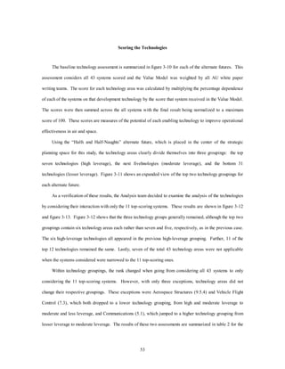 Scoring the Technologies 
The baseline technology assessment is summarized in figure 3-10 for each of the alternate futures. This 
assessment considers all 43 systems scored and the Value Model was weighted by all AU white paper 
writing teams. The score for each technology area was calculated by multiplying the percentage dependence 
of each of the systems on that development technology by the score that system received in the Value Model. 
The scores were then summed across the all systems with the final result being normalized to a maximum 
score of 100. These scores are measures of the potential of each enabling technology to improve operational 
53 
effectiveness in air and space. 
Using the “Halfs and Half-Naughts” alternate future, which is placed in the center of the strategic 
planning space for this study, the technology areas clearly divide themselves into three groupings: the top 
seven technologies (high leverage), the next fivehnologies (moderate leverage), and the bottom 31 
technologies (lesser leverage). Figure 3-11 shows an expanded view of the top two technology groupings for 
each alternate future. 
As a verification of these results, the Analysis team decided to examine the analysis of the technologies 
by considering their interaction with only the 11 top-scoring systems. These results are shown in figure 3-12 
and figure 3-13. Figure 3-12 shows that the three technology groups generally remained, although the top two 
groupings contain six technology areas each rather than seven and five, respectively, as in the previous case. 
The six high-leverage technologies all appeared in the previous high-leverage grouping. Further, 11 of the 
top 12 technologies remained the same. Lastly, seven of the total 43 technology areas were not applicable 
when the systems considered were narrowed to the 11 top-scoring ones. 
Within technology groupings, the rank changed when going from considering all 43 systems to only 
considering the 11 top-scoring systems. However, with only three exceptions, technology areas did not 
change their respective groupings. These exceptions were Aerospace Structures (9.5.4) and Vehicle Flight 
Control (7.3), which both dropped to a lower technology grouping, from high and moderate leverage to 
moderate and less leverage, and Communications (5.1), which jumped to a higher technology grouping from 
lesser leverage to moderate leverage. The results of these two assessments are summarized in table 2 for the 
 