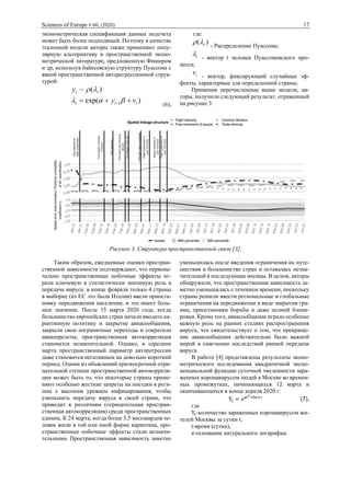 Sciences of Europe # 60, (2020) 17
эконометрическая спецификация данных подсчета
может быть более подходящей. Поэтому в качестве
эталонной модели авторы также применяют попу-
лярную альтернативу в пространственной эконо-
метрической литературе, предложенную Фишером
и др, используя байесовскую структуру Пуассона с
явной пространственной авторегрессионной струк-
турой:
)exp(
)(~
1 ttt
tt
vy
y
++= − 

(6),
где:
)( t - Распределение Пуассона;
t - вектор t человек Пуассоновского про-
цесса;
tv - вектор, фиксирующий случайные эф-
фекты, характерные для определенной страны;
Применив перечисленные выше модели, ав-
торы, получили следующий результат, отраженный
на рисунке 3.
Рисунок 3. Структура пространственной связи [3].
Таким образом, ежедневные оценки простран-
ственной зависимости подтверждают, что первона-
чально пространственные побочные эффекты иг-
рали ключевую и статистически значимую роль в
передаче вируса: в конце февраля только 4 страны
в выборке (из ЕС это была Италия) ввели приоста-
новку передвижения населения, и это имеет боль-
шое значение. После 15 марта 2020 года, когда
большинство европейских стран начали вводить ка-
рантинную политику и закрытие авиасообщения,
закрыли свои пограничные переходы и сократили
авиаперелеты, пространственная автокорреляция
становится незначительной. Однако, в середине
марта пространственный параметр авторегрессии
даже становится негативным на довольно короткий
период. Одним из объяснений краткосрочной отри-
цательной степени пространственной автокорреля-
ции может быть то, что некоторые страны приме-
няют особенно жесткие запреты на поездки в реги-
оны с высоким уровнем инфицирования, чтобы
уменьшить передачу вируса в своей стране, что
приводит к различиям (отрицательная простран-
ственная автокорреляция) среди пространственных
единиц. К 24 марта, когда более 3,5 миллиардов че-
ловек жили в той или иной форме карантина, про-
странственные побочные эффекты стали незначи-
тельными. Пространственная зависимость заметно
уменьшилась после введения ограничения на путе-
шествия в большинстве стран и оставалась незна-
чительной в последующие месяцы. В целом, авторы
обнаружили, что пространственная зависимость за-
метно уменьшилась с течением времени, поскольку
страны решили ввести региональные и глобальные
ограничения на передвижение в виде закрытия гра-
ниц, приостановки борьбы и даже полной блоки-
ровки. Кроме того, авиасообщение играло особенно
важную роль на ранних стадиях распространения
вируса, что свидетельствует о том, что прекраще-
ние авиасообщения действительно было важной
мерой в смягчении последствий ранней передачи
вируса.
В работе [4] представлены результаты эконо-
метрического исследования квадратичной экспо-
ненциальной функции суточной численности зара-
женных коронавирусом людей в Москве во времен-
ных промежутках, начинающихся 12 марта и
оканчивающихся в конце апреля 2020 г:
Yt = eat2+bt+c
(7),
где
Yt-количество зараженных коронавирусом жи-
телей Москвы за сутки t,
t-время (сутки),
e-основание натурального логарифма.
 