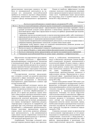 22 Sciences of Europe # 60, (2020)
предоставление «налоговых каникул» на при-
быль от инновационной деятельности на не-
сколько лет; уменьшение налогооблагаемой
прибыли на стоимость научного оборудования;
ускоренная амортизация основного производ-
ственного фонда инновационного предприятия
и др.
Одним из наиболее эффективных государ-
ственных подходов стимулирования инноваци-
онных процессов является предоставление нало-
говых льгот. Азербайджан может предоставить
ряд налоговых льгот в газовой отрасли для раз-
вития НТ и ИД (таблица 2).
Таблица 2
Льготы по налогообложению в газовой отрасли для развития НТ и ИД
№ п/п Льготы по налогообложению субъектов научно-технической и инновационной деятельности
1
Инвестиционный налоговый кредит - предоставление отсрочки налоговых платежей с после-
дующей поэтапной уплатой суммы кредитов и начисленных процентов. Инвестиционный
налоговый кредит может быть предоставлен по налогу на прибыль организаций при наличии
следующих оснований
- проведение научно-исследовательских и опытно-конструкторских работ либо технического
перевооружения производства, в том числе для создания рабочих мест для инвалидов и защиты
окружающей среды от загрязнения промышленными отходами
- осуществление внедренческой и инновационной деятельности, в том числе создание новых и
совершенствование применяемых технологий, создание новых видов сырья
- выполнение особо важного заказа по социально-экономическому развитию региона или
предоставление особо важных услуг населению
2
Льготы по налогу на добавленную стоимость, освобождения от уплаты: выполнение НИОКР
за счет средств бюджета, а также средств фонда фундаментальных исследований.
3 Льготы по земельному налогу предусмотрены для научно-исследовательских учреждений
4 Уменьшение налогооблагаемой базы на суммы затрат, связанных с изобретательством
Обеспечение государственного регулирова-
ния ИД должно сочетаться с эффективным
функционированием конкурентного механизма
в инновационной сфере. В то же время концен-
трация государственных ресурсов на создании и
распространении базовых инноваций, обеспечи-
вающих прогрессивные структурные изменения
в экономике, является одним из основных прин-
ципов.
Государственная политика предусматри-
вает создание условий для развития рыночных
отношений в сфере инноваций, пресечение не-
добросовестной конкуренции и обеспечение
благоприятного инвестиционного климата при
осуществлении ИД.
Производственный потенциал многих раз-
вивающихся стран сосредоточен на начальных
этапах воспроизводственного цикла - в ресурсо-
добывающих и частично обрабатывающих от-
раслях. В то время как развитые страны обла-
дают избыточными производственными мощно-
стями в обрабатывающей промышленности и
производстве конечной продукции, значитель-
ная часть которых идет на экспорт, развивающи-
еся страны экспортируют первичные ресурсы,
энергоресурсы и продукты их переработки, им-
портируя при этом конечную продукцию обра-
батывающей и добывающей промышленности.
Однако некоторые промышленно развитые
страны имеют достаточно развитую добываю-
щую промышленность, а ряд развивающихся
стран имеют вполне современные технологии в
обрабатывающей промышленности и производ-
стве конечной продукции [4-6, 10].
Азербайджан, благодаря успешной конъ-
юнктуре мировых рынков сырья, смог присоеди-
ниться к глобальному инновационному про-
цессу и обеспечить увеличение темпов иннова-
ций в социальной, духовной, экономической и
политической сферах. И самое главное, с прихо-
дом на руководящие должности нового поколе-
ния людей уровень «страха перед нововведени-
ями» значительно снизился. В отличие от мно-
гих стран, Азербайджан имеет очень
значительные производственные мощности в
нефтегазовом секторе. Преимущество в техно-
логической сфере - важнейший фактор обеспе-
чения национальной безопасности страны и раз-
витие НТ и ИД.
Только качественно новый ТЭК может удо-
влетворить потребности модернизации и роста -
финансово устойчивый, рентабельный и дина-
мично развивающийся, соответствующий эколо-
гическим стандартам, оснащенный передовыми
технологиями и высококвалифицированным
персоналом. Учитывая, что целью энергетиче-
ской политики является максимально эффектив-
ное использование природных топливно-энерге-
тических ресурсов и потенциала энергетиче-
ского сектора для экономического роста и
повышения качества жизни населения страны,
необходимо внедрять инновационные подходы с
участием государства. В этой связи энергетиче-
ская стратегия государства становится опреде-
ляющей в ТЭК.
Снижение удельных затрат на производство
и использование энергоресурсов за счет рацио-
нализации их потребления, использования энер-
госберегающих технологий и оборудования, а
также снижения потерь при производстве, пере-
работке, транспортировке и реализации топ-
ливно-энергетических продуктов - приоритеты
 