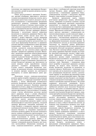 42 Sciences of Europe # 60, (2020)
зультатами, що сприятиме перетворенню бюджет-
них видатків у дієвий інструмент розвитку суспіль-
них відносин [3].
Рівень результативності виконання бюджет-
них програм відображає ефективність діяльності
головних розпорядників бюджетних коштів, якість
виконання стратегічних планів їх діяльності, що ма-
ють узгоджуватися із національними програмами
економічного розвитку, основними напрямами
бюджетної політики та значним чином впливає на
стан соціально-економічного розвитку країни. Від
якості планування бюджетних показників залежить
фінансова стійкість системи державних фінансів.
Доцільним є актуалізація стратегії управління
внутрішнім та зовнішнім державним боргом, фор-
мування річних планів заходів щодо його оп-
тимізації у розрізі кварталів з метою зменшення
пікових навантажень на державний бюджет. Необ-
хідним є подальший розвиток методологічних під-
ходів щодо формування бюджетних та державних
цільових програм, відображення в даних програмах
індикативних показників та індикаторів стра-
тегічних документів соціально-економічного ро-
звитку країни, що має посилити рівень кореляції
програм і пріоритетів державної політики. Важли-
вим є визначення граничних обсягів фінансування
довгострокових програм економічного спря-
мування за рахунок бюджетних коштів. При підго-
товці програми важливо визначити показники
ефективності та якості її виконання. Доцільність ре-
алізації бюджетної програми має ґрунтуватись на
основі кінцевих цілей, передбачених планами
діяльності головного розпорядника коштів.
Ступінь дієвості планування бюджетних асиг-
нувань на виконання цільових загальнодержавних
та місцевих програм залежить від своєчасності
моніторингу та оцінки ефективності даних про-
грам.
Досягнення сталого соціально-економічних
розвитку країни потребує виваженого регулювання
не лише обсягу, а і структури видаткової частини
бюджету з метою забезпечення оптимального
розподілу бюджетних коштів між різними напря-
мами суспільної діяльності. Основним завданням
державної політики у сфері видатків бюджету є оп-
тимізація та економія їх обсягу з одночасним підви-
щенням ефективності і результативності їх викори-
стання з метою забезпечення достатньо високої
якості державних послуг в умовах обмеженості
бюджетних ресурсів. Формування обсягу і струк-
тури бюджетних видатків повинно розпочинатися з
ретельного аналізу динаміки соціально-демо-
графічних і економічних процесів у країні з метою
визначення фази їх циклічного розвитку, тенденцій
динаміки фактичних показників видаткової ча-
стини бюджету у попередніх періодах, виявлення
особливостей взаємного впливу обсягу і структури
видатків бюджету та показників соціально-еко-
номічного розвитку країни. На підставі зазначеного
аналізу повинно відбуватися прогнозування і пла-
нування показників видаткової частини бюджету, а
також моделювання їх впливу на показники
соціально-економічного розвитку країни у се-
редньо- та довгостроковій перспективі. Прогно-
зування і планування видатків бюджету має підля-
гати інституційним обмеженням відповідно до
етапу соціально-економічного розвитку країни
щодо обсягу і особливостей структури видаткової
частини бюджету, рівня дефіциту бюджету у
взаємозв’язку з показниками державного боргу,
співвідношення поточних і капітальних видатків
бюджету, інвестиційної складової бюджету [5].
Бюджетні призначення мають сприяти
розв’язанню пріоритетних завдань, забезпечувати
заходи, спрямовані на розвиток основних галузей
економіки, фінансувати реалізацію комплексних
економічних та соціальних програм. Бюджетна
політика має бути спрямованою на створення умов
для модернізації інноваційної інфраструктури еко-
номіки. Враховуючи необхідність зміцнення люд-
ського капіталу, важливим є упорядкування ме-
ханізмів фінансування галузей соціальної сфери, у
тому числі закладів медичної та освітньої галузі.
Доцільним є систематизація пріоритетів соціаль-
ного розвитку, удосконалення методологічних за-
сад формування відповідних цільових програм. За
умов обмеженого доступу до залучення державних
запозичень на зовнішніх ринках фінансового
капіталу було збільшено обсяги запозичень шляхом
розміщення облігацій внутрішньої державної по-
зики. Вагомого значення набуває розвиток первин-
ного ринку державних боргових паперів, що потре-
бує реалізації комплексних заходів у сфері досяг-
нення фінансової стабільності. Удосконалення
бюджетного процесу сприяє підвищенню рівня
бюджетної результативності та адаптивності бюд-
жетного планування до сучасних соціально-еко-
номічних умов. Важливим є підвищення рівня
якості розробки та реалізації державних цільових
програм, що надасть змогу посилити дієвість
впливу бюджетних механізмів на економічні та
соціальні процеси. Необхідним є мінімізація кіль-
кості програм, які не відносяться до функцій голов-
ного розпорядника бюджетних коштів, удоскона-
лення порядку їх звітування про виконання планів
діяльності на середньостроковий період. При фор-
муванні видаткової частини бюджету слід викори-
стовувати інструменти моніторингу та оцінки ефек-
тивності відповідних видатків бюджету. На основі
одержаних результатів оцінювання будуть
здійснюватися коригування бюджетних програм та
прийматися рішення щодо виділення бюджетних
коштів у наступних за плановим періодах. Доціль-
ним є упорядкування переліку результативних по-
казників для учасників бюджетного процесу, онов-
лення критеріїв виконання бюджетних програм [6].
Для розробки і реалізації збалансованого бюд-
жетного регулювання пріоритети бюджетної
політики повинні визначатися виходячи з цикліч-
ності економічного розвитку, стану державних
фінансів та запасу стійкості бюджетної системи, на
кожному етапі економічного розвитку існує необ-
хідність обґрунтування та запровадження
відповідних важелів бюджетного механізму. Се-
редньострокове бюджетне планування є необ-
хідною умовою підвищення керованості та якості
процесу бюджетного планування, посилення
впливу бюджетного регулювання на соціально-еко-
номічний розвиток країни. Для стимулювання еко-
номічного зростання необхідним є використання
дефіциту бюджету з метою збільшення видаткової
частини бюджету, внутрішнього попиту з
врахуванням співвідношення державного боргу,
видатків бюджету на обслуговування державного
 