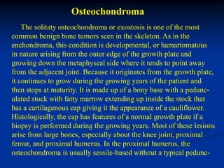 Osteochondroma
    The solitaty osteochondroma or exostosis is one of the most
common benign bone tumors seen in the skeleton. As in the
enchondroma, this condition is developmental, or hamartomatous
in nature arising from the outer edge of the growth plate and
growing down the metaphyseal side where it tends to point away
from the adjacent joint. Because it originates from the growth plate,
it continues to grow during the growing years of the patient and
then stops at maturity. It is made up of a bony base with a pedunc-
ulated stock with fatty marrow extending up inside the stock that
has a cartilagenous cap giving it the appearance of a cauliflower.
Histologically, the cap has features of a normal growth plate if a
biopsy is performed during the growing years. Most of these lesions
arise from large bones, especially about the knee joint, proximal
femur, and proximal humerus. In the proximal humerus, the
osteochondroma is usually sessile-based without a typical pedunc-
 