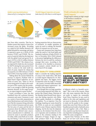 JANUARY 2018 II THE DOLLAR BUSINESS 33
ipes from other countries. That has in
tandem meant that import of spices has
increased across the globe. According
to a study by P&S Market Research, the
global demand for seasonings and spices
is expected to grow at a CAGR of 4.9%
between FY2015 and FY2020. The im-
ports of cassia by India has also kept pace
with the global trend and grown by al-
most 110.3% to $45.32 million between
FY2012 and FY2017. The volume of cas-
sia imported by India has also increased
by 20.07% during the same period. Even
when it comes to the total world im-
ports of cassia, imports by volume has
increased by over 80% between CY2012
and CY2016. Some big numbers, indeed!
Talking about the reasons behind the
increase in imports, Prashant Sethi of
Jaipur-based August Industries, an im-
porter of cassia, says, “There is a bit of
cassia being grown in India in the south-
ern part of the country, but the produc-
tion is not enough to fulfil the growing
domestic demand. As the usage increas-
es, we expect imports to grow further.”
Cassia, according to some, has also
benefitted from the confusion between
cinnamon and cassia. Cinnamon is used
in a variety of ayurvedic preparations to
lower blood pressure and control choles-
terol. But the cinnamon being referred to
here is Ceylon Cinnamon and not cassia.
The low price of cassia and the lack of
awareness about the difference between
both spices has allowed some unscru-
pulous manufacturers to substitute cin-
namon by cassia in ayurvedic products.
In reality, while cassia finds use in cook-
ing and baking, it does not possess the
healing properties that are characteristic
of cinnamon. As smaller quantities of
cassia are used in cooking, the harmful
effects of coumarin are not an issue.
Cassia and cinnamon have long been
under the watch of the Food Safety and
Standards Authority of India (FSSAI). In
fact, in November 2016, FSSAI released
a document highlighting the differences
between the two to avoid the confusion
amongst their users. According to the
document, to be classified as cinnamon
the coumarin content should not be
more than 0.3% by weight.
THE QUALITY CHALLENGE
India is currently the leading importer
of cassia in the world with a 30% share
in world imports followed by US, Ban-
gladesh and Japan. The biggest source
of imported cassia for India is Vietnam
– the country currently fulfils about 86%
of India’s total import requirement – fol-
lowed by China and Indonesia.
Even though there are large quantities
of cassia being imported into India, im-
porters like Gopaal Ahuja, Chairman of
the Mumbai-based Komal Exotic Spices,
says that finding exporters who follow
proper quality standards is a challenge.
He explains, “As an importer, I face the
challenge of getting my cassia cleared by
the FSSAI, as cassia are not completely
dried by some Chinese exporters before
shipping. And by the time the shipment
reaches us, the moisture from the prod-
ucts evaporates and recondenses on the
goods in the container, leading to the
formation of fungus. Fungus on vege-
table products leads to the formation
of aflatoxin which is a harmful carcin-
ogen.” This is one of the reasons, Ahuja
says, why many importers like him do
not prefer to import the commodity
from China. Exporters, he says, need to
adhere to the rules and regulations and
not resort to shortcuts. It is also difficult
to make out the quality in the consign-
ments that come from China as they are
bundled, pressed under a hydraulic press
and tied together with a belt. Many a
time, exporters say, they have found vari-
ous impurities including pieces of plastic
within the cassia consignment.
Imports from Vietnam, on the other
hand, do not have such issues as they
Cost ($/MT)* 1,700.0
Freight & Insurance ($/MT)** 72.0
CIF ($/MT) 1,772.0
CIF (Rs./MT)*** 1,16,012.8
BD (0%) 0
CIF + BD 1,16,012.8
Cess (0%) 0
CIF + BD + Cess 1,16,012.8
IGST (5%) 5,800.6
Final Cost 1,21,813.4
Selling Price in India# 1,29,000.0
Profit	 7,186.6
Profit	Margin																																5.57%
* Split cassia in bundles; HS Code: 09061910; ** Freight
and insurance cost from Ho Chi Minh City in Vietnam to
Mumbai in India; Minimum order quantity (MOQ): 1MT;
*** Assuming USDINR at 65.47; # Wholesale price (TDB
Intelligence Unit); Note: Profitabilty ignores brand equity;
No Cess and BD is applicable on imports from Vietnam
under the India-ASEAN FTA.
Important disclaimer: Profitability has been calculated based on time-bound
indicative prices (prevalent during the third week of December 2017). Prices
may vary during a different time period, resulting in profit fluctuation. Factors
like brand value, supply chain-related costs like warehousing and logistics, ad-
ministrative costs, sales and advertising costs, etc., have not been included in
the cost of procurement. Margins have been calculated considering govern-
ment policies (announcements, notifications, etc.) as on December 20, 2017.
Risk factors and currency fluctuations have to be considered while importing.
Calculations have been provided for informational purposes only; The Dollar
Business takes no responsibility for any loss resulting from investments in the
said commodity/product. Though all efforts have been made to ensure the ac-
curacy of the content stated herewith, the same should not be considered a
statement of law or used for any legal purposes. Prior permission is required
before calculations stated herein are published or quoted in a third party web
or print property.
Profit estimates for cassia
(bark) imports
Though import volumes are high, margin
in this business is usually low
CASSIA IMPORT, BY
VOLUME, INCREASED
BY 20.07% BETWEEN
FY2012 AND FY2017
Source: TDB Intelligence Unit & Ministry of Commerce, GoI;
break-up for FY2017; HS code: 09061910
India’ssourcingdestinations
Almost all of it is coming from Vietnam
Vietnam
China
Indonesia
Madagascar
85%
10%
1%
4%
Source: TDB Intelligence Unit & UN Comtrade;
break-up for CY2016; HS code: 09061910
World’sbiggestimportersofcassia
India boast of a 30% share in world imports
India
US
Bangladesh
Japan
Other
4% 41%
31%
15%
9%
 