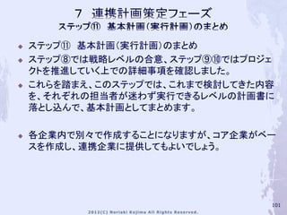    ステップ⑪ 基本計画（実行計画）のまとめ
   ステップ⑧では戦略レベルの合意、ステップ⑨⑩ではプロジェ
    クトを推進していく上での詳細事項を確認しました。
   これらを踏まえ、このステップでは、これまで検討してきた内容
    を、それぞれの担当者が迷わず実行できるレベルの計画書に
    落とし込んで、基本計画としてまとめます。

   各企業内で別々で作成することになりますが、コア企業がベー
    スを作成し、連携企業に提供してもよいでしょう。




                                101
 
