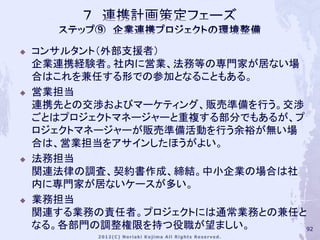    コンサルタント（外部支援者）
    企業連携経験者。社内に営業、法務等の専門家が居ない場
    合はこれを兼任する形での参加となることもある。
   営業担当
    連携先との交渉およびマーケティング、販売準備を行う。交渉
    ごとはプロジェクトマネージャーと重複する部分でもあるが、プ
    ロジェクトマネージャーが販売準備活動を行う余裕が無い場
    合は、営業担当をアサインしたほうがよい。
   法務担当
    関連法律の調査、契約書作成、締結。中小企業の場合は社
    内に専門家が居ないケースが多い。
   業務担当
    関連する業務の責任者。プロジェクトには通常業務との兼任と
    なる。各部門の調整権限を持つ役職が望ましい。        92
 