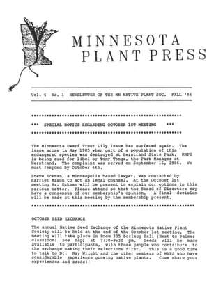 Fall 1986 Minnesota Plant Press