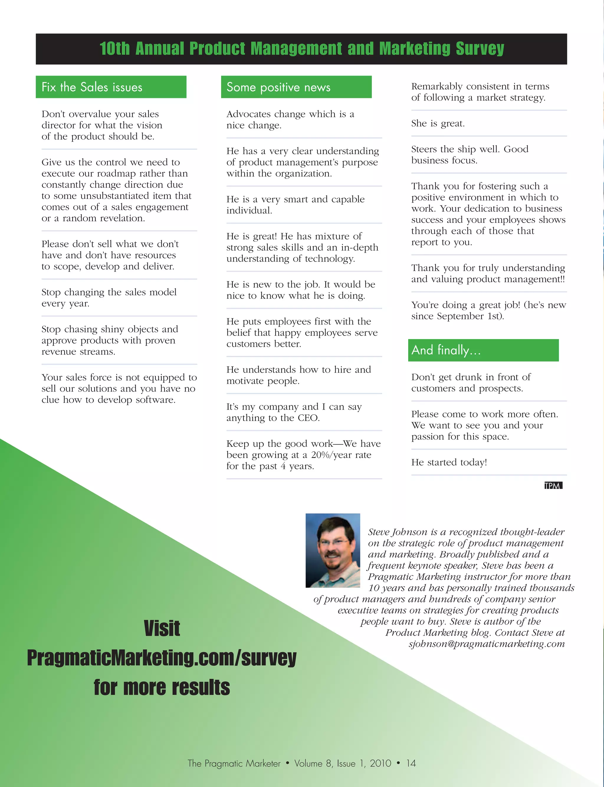10th Annual Product Management and Marketing Survey
 Fix the Sales issues                       Some positive news                                 Remarkably consistent in terms
                                                                                               of following a market strategy.
 Don’t overvalue your sales                 Advocates change which is a
 director for what the vision               nice change.                                       She is great.
 of the product should be.
                                            He has a very clear understanding                  Steers the ship well. Good
 Give us the control we need to             of product management’s purpose                    business focus.
 execute our roadmap rather than            within the organization.
 constantly change direction due                                                               Thank you for fostering such a
 to some unsubstantiated item that          He is a very smart and capable                     positive environment in which to
 comes out of a sales engagement            individual.                                        work. Your dedication to business
 or a random revelation.                                                                       success and your employees shows
                                                                                               through each of those that
                                            He is great! He has mixture of
 Please don’t sell what we don’t                                                               report to you.
                                            strong sales skills and an in-depth
 have and don’t have resources              understanding of technology.
 to scope, develop and deliver.                                                                Thank you for truly understanding
                                                                                               and valuing product management!!
                                            He is new to the job. It would be
 Stop changing the sales model              nice to know what he is doing.
 every year.                                                                                   You’re doing a great job! (he’s new
                                                                                               since September 1st).
                                            He puts employees first with the
 Stop chasing shiny objects and             belief that happy employees serve
 approve products with proven               customers better.
 revenue streams.                                                                              And finally…
                                            He understands how to hire and
 Your sales force is not equipped to        motivate people.                                   Don’t get drunk in front of
 sell our solutions and you have no                                                            customers and prospects.
 clue how to develop software.
                                            It’s my company and I can say
                                            anything to the CEO.                               Please come to work more often.
                                                                                               We want to see you and your
                                                                                               passion for this space.
                                            Keep up the good work—We have
                                            been growing at a 20%/year rate
                                            for the past 4 years.                              He started today!




                                                                                 Steve	Johnson	is	a	recognized	thought-leader	
                                                                                 on	the	strategic	role	of	product	management	
                                                                                 and	marketing.	Broadly	published	and	a	
                                                                                 frequent	keynote	speaker,	Steve	has	been	a	
                                                                                 Pragmatic	Marketing	instructor	for	more	than	
                                                                                 10	years	and	has	personally	trained	thousands	
                                                                    of	product	managers	and	hundreds	of	company	senior	
                                                                          executive	teams	on	strategies	for	creating	products	

             Visit
                                                                               people	want	to	buy.	Steve	is	author	of	the	
                                                                                     Product	Marketing	blog.	Contact	Steve	at	
                                                                                           sjohnson@pragmaticmarketing.com
PragmaticMarketing.com/survey
       for more results


                                   The Pragmatic Marketer   •   Volume 8, Issue 1, 2010   •   14
 
