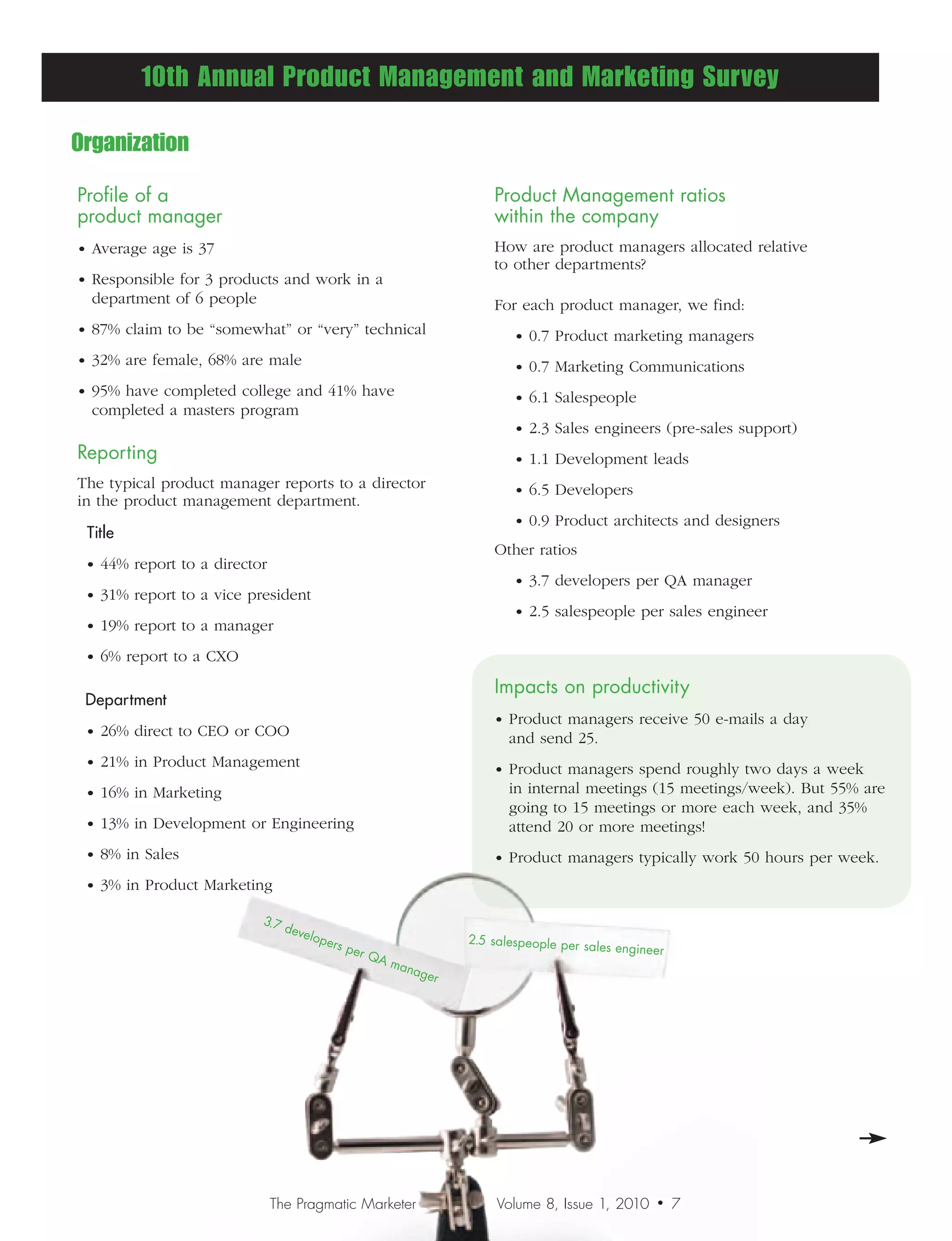 10th Annual Product Management and Marketing Survey

Organization
Profile of a                                                         Product Management ratios
product manager                                                      within the company
• Average age is 37                                                  How are product managers allocated relative
                                                                     to other departments?
• Responsible for 3 products and work in a
  department of 6 people                                             For each product manager, we find:
• 87% claim to be “somewhat” or “very” technical                         • 0.7 Product marketing managers
• 32% are female, 68% are male                                           • 0.7 Marketing Communications
• 95% have completed college and 41% have                                • 6.1 Salespeople
  completed a masters program
                                                                         • 2.3 Sales engineers (pre-sales support)
Reporting                                                                • 1.1 Development leads
The typical product manager reports to a director                        • 6.5 Developers
in the product management department.
                                                                         • 0.9 Product architects and designers
 Title
                                                                     Other ratios
 • 44% report to a director
                                                                         • 3.7 developers per QA manager
 • 31% report to a vice president
                                                                         • 2.5 salespeople per sales engineer
 • 19% report to a manager

 • 6% report to a CXO

                                                                     Impacts on productivity
 Department
                                                                     • Product managers receive 50 e-mails a day
 • 26% direct to CEO or COO                                             and send 25.
 • 21% in Product Management                                         • Product managers spend roughly two days a week
 • 16% in Marketing                                                     in internal meetings (15 meetings/week). But 55% are
                                                                        going to 15 meetings or more each week, and 35%
 • 13% in Development or Engineering                                    attend 20 or more meetings!
 • 8% in Sales                                                       • Product managers typically work 50 hours per week.
 • 3% in Product Marketing

                           3.7
                               deve
                                    lope                         2.5 salespeople per
                                         rs p                                        sales engineer
                                              er Q
                                                   Am
                                                     ana
                                                           ger




                              The Pragmatic Marketer                 Volume 8, Issue 1, 2010     •    7
 