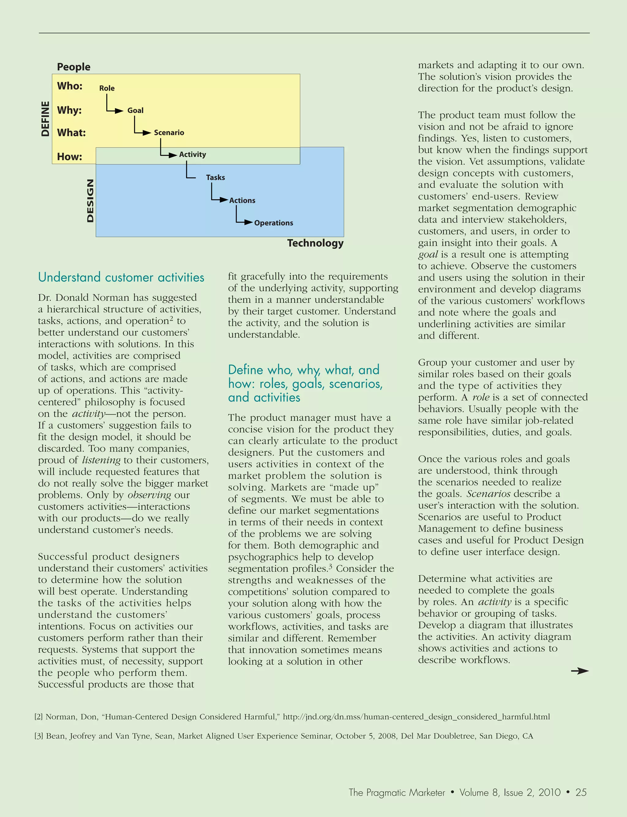 People                                                                                           markets and adapting it to our own.
                                                                                                          The solution’s vision provides the
         Who:            Role                                                                             direction for the product’s design.
DEFINE




         Why:                   Goal
                                                                                                          The product team must follow the
                                                                                                          vision and not be afraid to ignore
         What:                         Scenario
                                                                                                          findings. Yes, listen to customers,
                                             Activity                                                     but know when the findings support
         How:                                                                                             the vision. Vet assumptions, validate
                                                        Tasks                                             design concepts with customers,
                DESIGN




                                                                                                          and evaluate the solution with
                                                                Actions                                   customers’ end-users. Review
                                                                                                          market segmentation demographic
                                                                      Operations                          data and interview stakeholders,
                                                                                                          customers, and users, in order to
                                                                              Technology                  gain insight into their goals. A
                                                                                                          goal is a result one is attempting
                                                                                                          to achieve. Observe the customers
Understand	customer	activities                                  fit gracefully into the requirements      and users using the solution in their
                                                                of the underlying activity, supporting    environment and develop diagrams
Dr. Donald Norman has suggested                                 them in a manner understandable           of the various customers’ workflows
a hierarchical structure of activities,                         by their target customer. Understand      and note where the goals and
tasks, actions, and operation2 to                               the activity, and the solution is         underlining activities are similar
better understand our customers’                                understandable.                           and different.
interactions with solutions. In this
model, activities are comprised
                                                                                                          Group your customer and user by
of tasks, which are comprised                                   Define	who,	why,	what,	and		              similar roles based on their goals
of actions, and actions are made
up of operations. This “activity-
                                                                how:	roles,	goals,	scenarios,		           and the type of activities they
centered” philosophy is focused                                 and	activities                            perform. A role is a set of connected
on the activity—not the person.                                                                           behaviors. Usually people with the
                                                                The product manager must have a           same role have similar job-related
If a customers’ suggestion fails to                             concise vision for the product they
fit the design model, it should be                                                                        responsibilities, duties, and goals.
                                                                can clearly articulate to the product
discarded. Too many companies,                                  designers. Put the customers and
proud of listening to their customers,                          users activities in context of the        Once the various roles and goals
will include requested features that                            market problem the solution is            are understood, think through
do not really solve the bigger market                           solving. Markets are “made up”            the scenarios needed to realize
problems. Only by	observing our                                 of segments. We must be able to           the goals. Scenarios describe a
customers activities—interactions                               define our market segmentations           user’s interaction with the solution.
with our products—do we really                                  in terms of their needs in context        Scenarios are useful to Product
understand customer’s needs.                                    of the problems we are solving            Management to define business
                                                                for them. Both demographic and            cases and useful for Product Design
Successful product designers                                    psychographics help to develop            to define user interface design.
understand their customers’ activities                          segmentation profiles.3 Consider the
to determine how the solution                                   strengths and weaknesses of the           Determine what activities are
will best operate. Understanding                                competitions’ solution compared to        needed to complete the goals
the tasks of the activities helps                               your solution along with how the          by roles. An activity is a specific
understand the customers’                                       various customers’ goals, process         behavior or grouping of tasks.
intentions. Focus on activities our                             workflows, activities, and tasks are      Develop a diagram that illustrates
customers perform rather than their                             similar and different. Remember           the activities. An activity diagram
requests. Systems that support the                              that innovation sometimes means           shows activities and actions to
activities must, of necessity, support                          looking at a solution in other            describe workflows.
the people who perform them.
Successful products are those that


[2] Norman, Don, “Human-Centered Design Considered Harmful,” http://jnd.org/dn.mss/human-centered_design_considered_harmful.html

[3] Bean, Jeofrey and Van Tyne, Sean, Market Aligned User Experience Seminar, October 5, 2008, Del Mar Doubletree, San Diego, CA




                                                                                           The Pragmatic Marketer   •   Volume 8, Issue 2, 2010   •   25
 