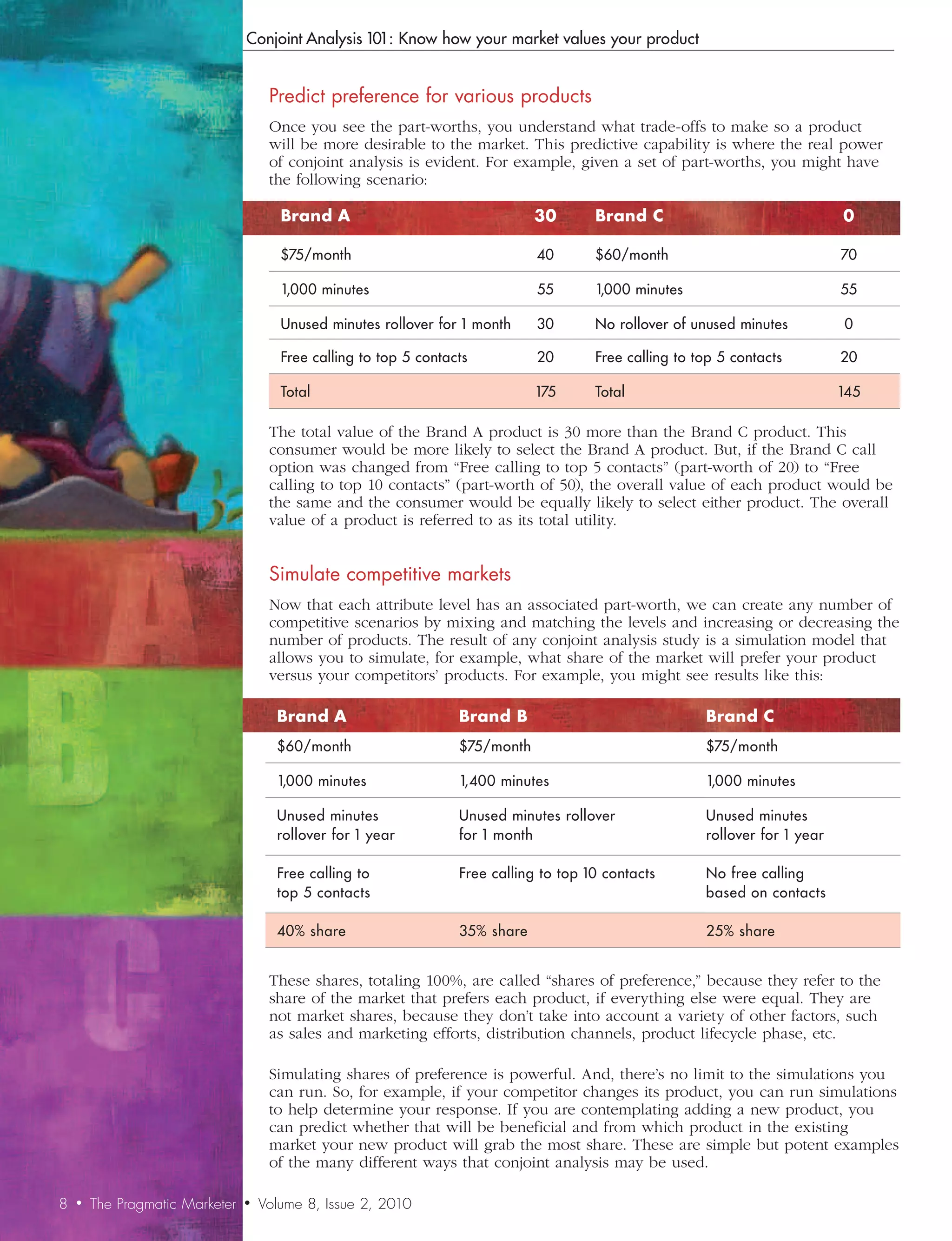 Conjoint Analysis 101: Know how your market values your product


                                      Predict	preference	for	various	products
                                      Once you see the part-worths, you understand what trade-offs to make so a product
                                      will be more desirable to the market. This predictive capability is where the real power
                                      of conjoint analysis is evident. For example, given a set of part-worths, you might have
                                      the following scenario:

                                        Brand	A                                 30       Brand	C                                0

                                        $75/month                               40       $60/month                              70

                                        1,000 minutes                           55       1,000 minutes                          55

                                        Unused minutes rollover for 1 month     30       No rollover of unused minutes          0

                                        Free calling to top 5 contacts          20       Free calling to top 5 contacts         20

                                        Total                                   175      Total                                  145

                                      The total value of the Brand A product is 30 more than the Brand C product. This
                                      consumer would be more likely to select the Brand A product. But, if the Brand C call
                                      option was changed from “Free calling to top 5 contacts” (part-worth of 20) to “Free
                                      calling to top 10 contacts” (part-worth of 50), the overall value of each product would be
                                      the same and the consumer would be equally likely to select either product. The overall
                                      value of a product is referred to as its total utility.


                                      Simulate	competitive	markets
                                      Now that each attribute level has an associated part-worth, we can create any number of
                                      competitive scenarios by mixing and matching the levels and increasing or decreasing the
                                      number of products. The result of any conjoint analysis study is a simulation model that
                                      allows you to simulate, for example, what share of the market will prefer your product
                                      versus your competitors’ products. For example, you might see results like this:

                                       Brand	A                      Brand	B                               Brand	C
                                       $60/month                    $75/month                             $75/month

                                       1,000 minutes                1,400 minutes                         1,000 minutes

                                       Unused minutes               Unused minutes rollover               Unused minutes
                                       rollover for 1 year          for 1 month                           rollover for 1 year

                                       Free calling to              Free calling to top 10 contacts       No free calling
                                       top 5 contacts                                                     based on contacts

                                       40% share                    35% share                             25% share


                                      These shares, totaling 100%, are called “shares of preference,” because they refer to the
                                      share of the market that prefers each product, if everything else were equal. They are
                                      not market shares, because they don’t take into account a variety of other factors, such
                                      as sales and marketing efforts, distribution channels, product lifecycle phase, etc.

                                      Simulating shares of preference is powerful. And, there’s no limit to the simulations you
                                      can run. So, for example, if your competitor changes its product, you can run simulations
                                      to help determine your response. If you are contemplating adding a new product, you
                                      can predict whether that will be beneficial and from which product in the existing
                                      market your new product will grab the most share. These are simple but potent examples
                                      of the many different ways that conjoint analysis may be used.

8   •   The Pragmatic Marketer   •   Volume 8, Issue 2, 2010
 