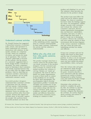 People                                                                                           markets and adapting it to our own.
                                                                                                          The solution’s vision provides the
         Who:            Role                                                                             direction for the product’s design.
DEFINE




         Why:                   Goal
                                                                                                          The product team must follow the
                                                                                                          vision and not be afraid to ignore
         What:                         Scenario
                                                                                                          findings. Yes, listen to customers,
                                             Activity                                                     but know when the findings support
         How:                                                                                             the vision. Vet assumptions, validate
                                                        Tasks                                             design concepts with customers,
                DESIGN




                                                                                                          and evaluate the solution with
                                                                Actions                                   customers’ end-users. Review
                                                                                                          market segmentation demographic
                                                                      Operations                          data and interview stakeholders,
                                                                                                          customers, and users, in order to
                                                                              Technology                  gain insight into their goals. A
                                                                                                          goal is a result one is attempting
                                                                                                          to achieve. Observe the customers
Understand	customer	activities                                  fit gracefully into the requirements      and users using the solution in their
                                                                of the underlying activity, supporting    environment and develop diagrams
Dr. Donald Norman has suggested                                 them in a manner understandable           of the various customers’ workflows
a hierarchical structure of activities,                         by their target customer. Understand      and note where the goals and
tasks, actions, and operation2 to                               the activity, and the solution is         underlining activities are similar
better understand our customers’                                understandable.                           and different.
interactions with solutions. In this
model, activities are comprised
                                                                                                          Group your customer and user by
of tasks, which are comprised                                   Define	who,	why,	what,	and		              similar roles based on their goals
of actions, and actions are made
up of operations. This “activity-
                                                                how:	roles,	goals,	scenarios,		           and the type of activities they
centered” philosophy is focused                                 and	activities                            perform. A role is a set of connected
on the activity—not the person.                                                                           behaviors. Usually people with the
                                                                The product manager must have a           same role have similar job-related
If a customers’ suggestion fails to                             concise vision for the product they
fit the design model, it should be                                                                        responsibilities, duties, and goals.
                                                                can clearly articulate to the product
discarded. Too many companies,                                  designers. Put the customers and
proud of listening to their customers,                          users activities in context of the        Once the various roles and goals
will include requested features that                            market problem the solution is            are understood, think through
do not really solve the bigger market                           solving. Markets are “made up”            the scenarios needed to realize
problems. Only by	observing our                                 of segments. We must be able to           the goals. Scenarios describe a
customers activities—interactions                               define our market segmentations           user’s interaction with the solution.
with our products—do we really                                  in terms of their needs in context        Scenarios are useful to Product
understand customer’s needs.                                    of the problems we are solving            Management to define business
                                                                for them. Both demographic and            cases and useful for Product Design
Successful product designers                                    psychographics help to develop            to define user interface design.
understand their customers’ activities                          segmentation profiles.3 Consider the
to determine how the solution                                   strengths and weaknesses of the           Determine what activities are
will best operate. Understanding                                competitions’ solution compared to        needed to complete the goals
the tasks of the activities helps                               your solution along with how the          by roles. An activity is a specific
understand the customers’                                       various customers’ goals, process         behavior or grouping of tasks.
intentions. Focus on activities our                             workflows, activities, and tasks are      Develop a diagram that illustrates
customers perform rather than their                             similar and different. Remember           the activities. An activity diagram
requests. Systems that support the                              that innovation sometimes means           shows activities and actions to
activities must, of necessity, support                          looking at a solution in other            describe workflows.
the people who perform them.
Successful products are those that


[2] Norman, Don, “Human-Centered Design Considered Harmful,” http://jnd.org/dn.mss/human-centered_design_considered_harmful.html

[3] Bean, Jeofrey and Van Tyne, Sean, Market Aligned User Experience Seminar, October 5, 2008, Del Mar Doubletree, San Diego, CA




                                                                                           The Pragmatic Marketer   •   Volume 8, Issue 2, 2010   •   25
 