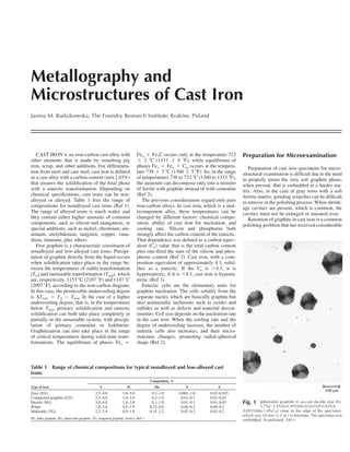 Metallography and
Microstructures of Cast Iron
Janina M. Radzikowska, The Foundry Research Institute, Krakow, Poland
                                                           ´




   CAST IRON is an iron-carbon cast alloy with                            Fe       Fe3C occurs only at the temperature 723      Preparation for Microexamination
other elements that is made by remelting pig                                  2 C (1333         4 F), while equilibrium of
iron, scrap, and other additions. For differentia-                        phases Fec       Fe     Cgr occurs at the tempera-       Preparation of cast iron specimens for micro-
tion from steel and cast steel, cast iron is deﬁned                       ture 738 3 C (1360           5 F). So, in the range   structural examination is difﬁcult due to the need
as a cast alloy with a carbon content (min 2.03%)                         of temperatures 738 to 723 C (1360 to 1333 F),        to properly retain the very soft graphite phase,
that ensures the solidiﬁcation of the ﬁnal phase                          the austenite can decompose only into a mixture       when present, that is embedded in a harder ma-
with a eutectic transformation. Depending on                              of ferrite with graphite instead of with cementite    trix. Also, in the case of gray irons with a soft
chemical speciﬁcations, cast irons can be non-                            (Ref 2).                                              ferritic matrix, grinding scratches can be difﬁcult
alloyed or alloyed. Table 1 lists the range of                               The previous considerations regard only pure       to remove in the polishing process. When shrink-
compositions for nonalloyed cast irons (Ref 1).                           iron-carbon alloys. In cast iron, which is a mul-     age cavities are present, which is common, the
The range of alloyed irons is much wider, and                             ticomponent alloy, these temperatures can be          cavities must not be enlarged or smeared over.
they contain either higher amounts of common                              changed by different factors: chemical compo-            Retention of graphite in cast iron is a common
components, such as silicon and manganese, or                             sition, ability of cast iron for nucleation, and      polishing problem that has received considerable
special additions, such as nickel, chromium, alu-                         cooling rate. Silicon and phosphorus both
minum, molybdenum, tungsten, copper, vana-                                strongly affect the carbon content of the eutectic.
dium, titanium, plus others.                                              That dependence was deﬁned as a carbon equiv-
   Free graphite is a characteristic constituent of                       alent (Ce) value that is the total carbon content
nonalloyed and low-alloyed cast irons. Precipi-                           plus one-third the sum of the silicon and phos-
tation of graphite directly from the liquid occurs                        phorus content (Ref 2). Cast iron, with a com-
when solidiﬁcation takes place in the range be-                           position equivalent of approximately 4.3, solid-
tween the temperatures of stable transformation                           iﬁes as a eutectic. If the Ce is 4.3, it is
(Tst) and metastable transformation (Tmst), which                         hypereutectic; if it is 4.3, cast iron is hypoeu-
are, respectively, 1153 C (2107 F) and 1147 C                             tectic (Ref 3).
(2097 F), according to the iron-carbon diagram.                              Eutectic cells are the elementary units for
In this case, the permissible undercooling degree                         graphite nucleation. The cells solidify from the
is DTmax       Tst   Tmst. In the case of a higher                        separate nuclei, which are basically graphite but
undercooling degree, that is, in the temperatures                         also nonmetallic inclusions such as oxides and
below Tmst, primary solidiﬁcation and eutectic                            sulﬁdes as well as defects and material discon-
solidiﬁcation can both take place completely or                           tinuities. Cell size depends on the nucleation rate
partially in the metastable system, with precipi-                         in the cast iron. When the cooling rate and the
tation of primary cementite or ledeburite.                                degree of undercooling increase, the number of
Graphitization can also take place in the range                           eutectic cells also increases, and their micro-
of critical temperatures during solid-state trans-                        structure changes, promoting radial-spherical
formations. The equilibrium of phases Fec                                 shape (Ref 2).



Table 1 Range of chemical compositions for typical nonalloyed and low-alloyed cast
irons
                                                                                   Composition, %
Type of iron                                    C                  Si                Mn                P            S
Gray (FG)                                    2.5–4.0            1.0–3.0             0.2–1.0         0.002–1.0   0.02–0.025
Compacted graphite (CG)                      2.5–4.0            1.0–3.0             0.2–1.0          0.01–0.1   0.01–0.03
Ductile (SG)                                 3.0–4.0            1.8–2.8             0.1–1.0          0.01–0.1   0.01–0.03       Fig. 1  Spheroidal graphite in as-cast ductile iron (Fe-
White                                        1.8–3.6            0.5–1.9            0.25–0.8          0.06–0.2   0.06–0.2                3.7%C-2.4%Si-0.59%Mn-0.025%P-0.01%S-
Malleable (TG)                               2.2–2.9            0.9–1.9            0.15–1.2          0.02–0.2   0.02–0.2        0.095%Mo-1.4%Cu) close to the edge of the specimen,
                                                                                                                                which was 30 mm (1.2 in.) in diameter. The specimen was
FG, ﬂake graphite; SG, spheroidal graphite; TG, tempered graphite. Source: Ref 1
                                                                                                                                embedded. As-polished. 100
 