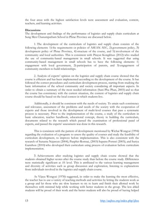 13 http://aajhss.org/index.php/ijhss
the four areas with the highest satisfaction levels were assessment and evaluation, content,
teachers, and learning activities.
Discussions
The development and findings of the performance of logistics and supply chain curriculum at
Sung Men Chanumpatham School in Phrae Province are discussed below.
1. The development of the curriculum of logistics and supply chain consists of the
following elements: 1) the requirements or policies of ASEAN AEC, 2) government policy, 3)
development policy of Phrae Province, 4) structure of the course, and 5) involvement of the
community and local authorities. This is consistent with Pitayut Kongkhun (2012) who studied
the use of community-based management in small schools. It was suggested that using
community-based management in small schools has to have the following elements: 1)
engagement with local government, 2) participation of parents, and 3) engagement of
community members to build relationships.
2. Analysis of experts’ opinion on the logistics and supply chain course showed that the
course is efficient and has been implemented according to the development of the course. It has
followed the correct procedures and curriculum development process, starting from studying the
basic information of the school community and society considering all important aspects. In
order to obtain a summary of the most needed information (Suni Phu Phan, 2003) and so that
the course has consistency with the current situation, the content of logistics and supply chain
course should be based on the local context in which students live.
Additionally, it should be consistent with the needs of society. To attain such consistency
and relevance, assessment of the problems and needs of the society with the cooperation of
experts and those involved in the development of multi-level courses that pass a systematic
process is necessary. Prior to the implementation of the course, a study of the curriculum in
basic education, teacher handbook, educational concept, theory in building the curriculum,
documents related to the research which passed the examination of professional panel of
experts, and passed the experts’ assessment was done in this research.
This is consistent with the pattern of development mentioned by Wichai Wongyai (1994)
regarding the evaluation of a program: to assess the quality of courses and study the feasibility of
curriculum development, to improve before implementation. This is also consistent with the
research of Sunanta Najareun (2004), Panphet Romsai, (2003) Supatra Pornsri (2003), and Suriya
Gamthon (2010) who developed their curriculum using process of evaluation before curriculum
implementation.
3. Achievements after studying logistics and supply chain course showed that the
students obtained higher scores after the course study than before the course study. Differences
were statistically significant at .01 level. This is attributed to the various learning management
and diversity of activities such as group discussion and exploration, listening to explanations
from individuals involved in the logistics and supply chain course.
As Vijaya Wongyai (1978) suggested, in order to make the learning the most effective,
the teacher has to use a variety of teaching methods and activities by letting the students work as
a group and let those who are slow learners to try to learn and finish their allotted work by
themselves with minimal help while working with better students in the group. The less abled
students will be proud of their work and the better students will also be proud of having helped
 
