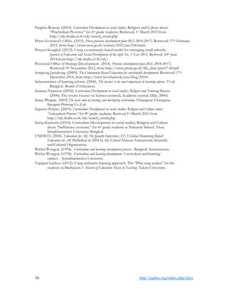 16 http://aajhss.org/index.php/ijhss
Panphet Romsai. (2003). Curriculum Development in social studies, Religion and Culture about
“Prachinburi Province” for 4th grade students. Retrieved: 1st March 2010 from
http://tdc.thailis.or.th/tdc/search_result.php
Phrae Governor’s Office. (2013). Phrae province development plan (B.E.2014-2017). Retrieved: 17th February
2015, from http://www.moe.go.th/websm/2015/jan/036.html.
Pittayut Kongkul. (2012). Using a community-based model for managing small schools.
Journal of Education and Social Development of the eight No. 2 Year 2012. Retrived: 24th June
2014,from http://tdc.thailis.or.th/tdc/
Provincial Office of Strategy Development. (2014). Province development plan (B.E.2014-2017).
Retrieved: 8th November 2012, from http://www.phrae.go.th/file_data/plan57-60.pdf
Sompong Jantakong. (2009). The Community-Based Education for sustainable development. Retrieved: 17th
December 2014, from http://www.kroobannok.com/blog/24541.
Subcommittee of learning reform. (2000). The learner is the most important in learning reform. 5th ed.
Bangkok: Board of Education.
Sunanta Najareon. (2004). Curriculum Development in social studies, Religion and Tumrong Buasree.
(2000). The course focuses on learner-centered. Academic journal. (May 2000).
Sunee Phupan. (2003).The basic idea of creating and developing curriculum. Chiangmai: Chiangmai
Saengsin Printing Co.,Ltd.
Supattra Polsree. (2003). Curriculum Development in social studies, Religion and Culture about
“Sakonakorn Province” for 4th grade students. Retrived 1st March 2010 from
http://tdc.thailis.or.th/tdc/search_result.php
Suriya Kamtorn. (2010). Curriculum Development in social studies, Religion and Culture
about “Sufficiency economy” for 4th grade students at Naknimit School. Thesis.
Srinakharinwirot University: Bangkok
UNESCO, (2004). Education for All, The Quality Imperative, EFA Global Monitoring Report
Education for All. Published in 2004 by the United Nations Educational, Scientific
and Cultural Organization.
Wichai Wongyai. (1994). Curriculum and learning development process. Bangkok: Suweeriyasan.
Wichai Wongyai. (1978). Curriculum and learning devolopment. Curriculum and learning
subject. Srinakharinwirot University.
Yupapan Laehoo. (2012). Using authentic learning approach. The “Phra seng seuksa” for the
students in Mathayom 1. Master of Education Thesis in Teaching. Taksin University.
 