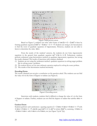 23 http://aajhss.org/index.php/ijhss
Figura 5 Skill process errors
Based on Figura 5, students can write other forms of cos 2𝑥 = 1 − 2 sin2
𝑥 there by
forming quadratic equation 2 sin2
𝑥 − 6 sin 𝑥 − 1 = −7. Students are trying to do factorization
to find the roots of quadratic equations of trigonometry. However, students are not able to
factor to determine the value sin 𝑥.
From the results of the students' answers, the students do not form trigonometric
equations in the general form quadratic equation 𝑎𝑥2
+ 𝑏𝑥 + 𝑐 = 0. Futhermore students
perform settlement using factorization method on quadratic trigonometry equations, but wrong
the results obtained. The results of interviews with students obtained:
(1) Students are not using the settlement method quadratic equations in solving target problem
like in solving source problems.
(2) The students did not use the same arithmetic operation employed in solving the source problem.
(3) The results of the factorization method incorrectly.
Encoding Errors
The results obtained can not give a conclusion on the question asked. The students can not find
the value of 𝑥 in the form of degrees or radians (see Figura 6)
Figura 6 Encoding errors
Interviews with students, students find it difficult to change the value of x in the form
of degrees or radians. Further, students can not find the degrees or radian that satisfies sin 𝑥 =
−3.
Careless Errors
Students perform such carelessness equating equation 1 − 2 sin 𝑥 × sin 𝑥 + 6 sin 𝑥 = −7 with
× sin 𝑥 + 4 sin 𝑥 = −7, cos 2𝑥 equal sin2
𝑥 + 1, sin2
𝑥 written 2sin2
𝑥, summing −2 sin 𝑥 in
−2 sin 𝑥 × sin 𝑥 with 6 sin 𝑥 to be 4 sin 𝑥, etc (see Figura 7(a) & 7(b)).
 