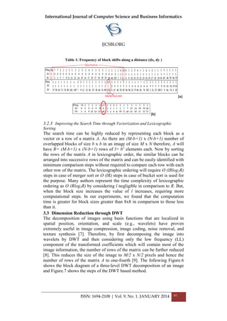 International Journal of Computer Science and Business Informatics
IJCSBI.ORG
ISSN: 1694-2108 | Vol. 9, No. 1. JANUARY 2014 97
Table 1: Frequency of block shifts along a distance (dx, dy )
[a]
[b]
3.2.3 Improving the Search Time through Vectorization and Lexicographic
Sorting
The search time can be highly reduced by representing each block as a
vector or a row of a matrix A. As there are (M-b+1) x (N-b+1) number of
overlapped blocks of size b x b in an image of size M x N therefore, A will
have R= (M-b+1) x (N-b+1) rows of l= b2
elements each. Now by sorting
the rows of the matrix A in lexicographic order, the similar blocks can be
arranged into successive rows of the matrix and can be easily identified with
minimum comparison steps without required to compare each row with each
other row of the matrix. The lexicographic ordering will require O (lRlog2R)
steps in case of merger sort or O (lR) steps in case of bucket sort is used for
the purpose. Many authors represent the time complexity of lexicographic
ordering as O (Rlog2R) by considering l negligible in comparison to R. But,
when the block size increases the value of l increases, requiring more
computational steps. In our experiments, we found that the computation
time is greater for block sizes greater than 8x8 in comparison to those less
than it.
3.3 Dimension Reduction through DWT
The decomposition of images using basis functions that are localized in
spatial position, orientation, and scale (e.g., wavelets) have proven
extremely useful in image compression, image coding, noise removal, and
texture synthesis [7]. Therefore, by first decomposing the image into
wavelets by DWT and then considering only the low frequency (LL)
component of the transformed coefficients which will contain most of the
image information, the number of rows of the matrix can be further reduced
[8]. This reduces the size of the image to M/2 x N/2 pixels and hence the
number of rows of the matrix A to one-fourth [9]. The following Figure.6
shows the block diagram of a three-level DWT decomposition of an image
and Figure.7 shows the steps of the DWT based method.
 