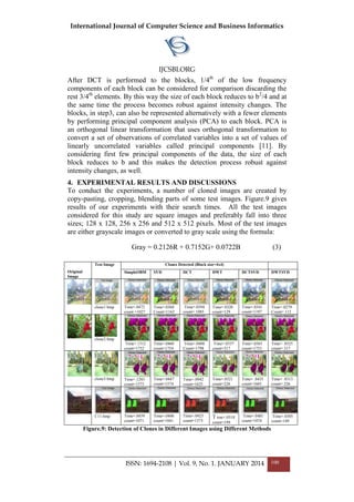 International Journal of Computer Science and Business Informatics
IJCSBI.ORG
ISSN: 1694-2108 | Vol. 9, No. 1. JANUARY 2014 100
After DCT is performed to the blocks, 1/4th
of the low frequency
components of each block can be considered for comparison discarding the
rest 3/4th
elements. By this way the size of each block reduces to b2
/4 and at
the same time the process becomes robust against intensity changes. The
blocks, in step3, can also be represented alternatively with a fewer elements
by performing principal component analysis (PCA) to each block. PCA is
an orthogonal linear transformation that uses orthogonal transformation to
convert a set of observations of correlated variables into a set of values of
linearly uncorrelated variables called principal components [11]. By
considering first few principal components of the data, the size of each
block reduces to b and this makes the detection process robust against
intensity changes, as well.
4. EXPERIMENTAL RESULTS AND DISCUSSIONS
To conduct the experiments, a number of cloned images are created by
copy-pasting, cropping, blending parts of some test images. Figure.9 gives
results of our experiments with their search times. All the test images
considered for this study are square images and preferably fall into three
sizes; 128 x 128, 256 x 256 and 512 x 512 pixels. Most of the test images
are either grayscale images or converted to gray scale using the formula:
Gray = 0.2126R + 0.7152G+ 0.0722B (3)
Original
Image
Test Image Clones Detected (Block size=4x4)
SimpleOBM SVD DCT DWT DCTSVD DWTSVD
clone1.bmp Time=.0472
count =1027
Time=.0368
Count=1162
Time=.0394
count= 1085
Time=.0320
count=129
Time=.0341
count=1197
Time=.0279
Count= 112
clone2.bmp
Time=.1312
count=1752
Time=.0460
count=1754
Time=.0488
Count=1798
Time=.0337
count=317
Time=.0365
count=1753
Time= .0325
count= 317
clone3.bmp Time=.1243
count=1573
Time=.0447
count=1574
Time=.0942
count=1625
Time=.0321
count=226
Time= .0435
count=1601
Time= .0313
count= 226
C11.bmp Time=.0459
count=1071
Time=.0406
count=1041
Time=.0425
count=1373
T ime=.0318
count=199
Time=.0401
count=1074
Time=.0305
count=149
Figure.9: Detection of Clones in Different Images using Different Methods
 