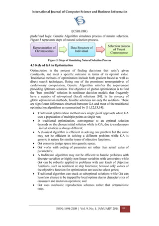 International Journal of Computer Science and Business Informatics
IJCSBI.ORG
ISSN: 1694-2108 | Vol. 9, No. 1. JANUARY 2014 108
predefined logic. Genetic Algorithm simulates process of natural selection.
Figure 3 represents steps of natural selection process.
Figure 3: Steps of Simulating Natural Selection Process
4.3 Role of GA in Optimization
Optimization is the process of finding decisions that satisfy given
constraints, and meet a specific outcome in terms of its optimal value.
Traditional methods of optimization include both gradient based as well as
direct search techniques. Being one of the prominent representatives of
evolutionary computation, Genetic Algorithm satisfies the requirement
providing optimum solution. The objective of global optimization is to find
the "best possible" solution in nonlinear decision models that frequently
have a number of sub-optimal (local) solutions [10]. In the absence of
global optimization methods, feasible solutions are only the solutions. There
are significant differences observed between GA and most of the traditional
optimization algorithms as summarized by [11,12,13,14]:
 Traditional optimization method uses single point approach while GA
uses a population of multiple points at single run;
 In traditional optimization, convergence to an optimal solution
depends on the chosen initial solution while in GA, due to randomness
, initial solution is always different;
 A classical algorithm is efficient in solving one problem but the same
may not be efficient in solving a different problem while GA is
generic in nature for similar types of objective functions;
 GA converts design space into genetic space;
 GA works with coding of parameter set rather than actual value of
parameters;
 A traditional algorithm may not be efficient to handle problems with
discrete variables or highly non-linear variables with constraints while
GA can be robustly applied to problems with any kinds of objective
functions, such as nonlinear or step functions; because only values of
the objective function for optimization are used to select genes;
 Traditional algorithm can stuck at suboptimal solutions while GA can
have less chance to be trapped by local optima due to characteristics of
crossover and mutation operators; and
 GA uses stochastic reproduction schemes rather that deterministic
ones.
Representation of
Chromosomes
Data Structure of
Individual
Selection process
of Parent
Chromosome
 