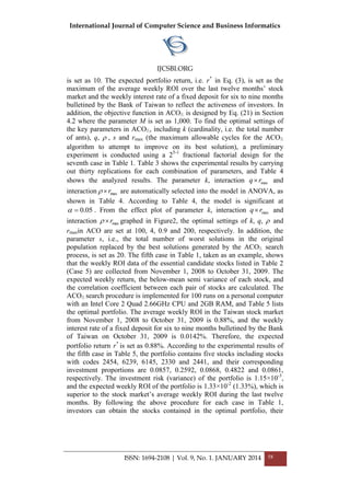 International Journal of Computer Science and Business Informatics
IJCSBI.ORG
ISSN: 1694-2108 | Vol. 9, No. 1. JANUARY 2014 58
is set as 10. The expected portfolio return, i.e. *
r in Eq. (3), is set as the
maximum of the average weekly ROI over the last twelve months’ stock
market and the weekly interest rate of a fixed deposit for six to nine months
bulletined by the Bank of Taiwan to reflect the activeness of investors. In
addition, the objective function in ACO is designed by Eq. (21) in Section
4.2 where the parameter M is set as 1,000. To find the optimal settings of
the key parameters in ACO , including k (cardinality, i.e. the total number
of ants), q,  , s and rmax (the maximum allowable cycles for the ACO
algorithm to attempt to improve on its best solution), a preliminary
experiment is conducted using a 25-1
fractional factorial design for the
seventh case in Table 1. Table 3 shows the experimental results by carrying
out thirty replications for each combination of parameters, and Table 4
shows the analyzed results. The parameter k, interaction maxrq and
interaction maxr are automatically selected into the model in ANOVA, as
shown in Table 4. According to Table 4, the model is significant at
05.0 . From the effect plot of parameter k, interaction maxrq and
interaction maxr graphed in Figure2, the optimal settings of k, q,  and
rmaxin ACO are set at 100, 4, 0.9 and 200, respectively. In addition, the
parameter s, i.e., the total number of worst solutions in the original
population replaced by the best solutions generated by the ACO search
process, is set as 20. The fifth case in Table 1, taken as an example, shows
that the weekly ROI data of the essential candidate stocks listed in Table 2
(Case 5) are collected from November 1, 2008 to October 31, 2009. The
expected weekly return, the below-mean semi variance of each stock, and
the correlation coefficient between each pair of stocks are calculated. The
ACO search procedure is implemented for 100 runs on a personal computer
with an Intel Core 2 Quad 2.66GHz CPU and 2GB RAM, and Table 5 lists
the optimal portfolio. The average weekly ROI in the Taiwan stock market
from November 1, 2008 to October 31, 2009 is 0.88%, and the weekly
interest rate of a fixed deposit for six to nine months bulletined by the Bank
of Taiwan on October 31, 2009 is 0.0142%. Therefore, the expected
portfolio return *
r is set as 0.88%. According to the experimental results of
the fifth case in Table 5, the portfolio contains five stocks including stocks
with codes 2454, 6239, 6145, 2330 and 2441, and their corresponding
investment proportions are 0.0857, 0.2592, 0.0868, 0.4822 and 0.0861,
respectively. The investment risk (variance) of the portfolio is 1.15×10-3
,
and the expected weekly ROI of the portfolio is 1.33×10-2
(1.33%), which is
superior to the stock market’s average weekly ROI during the last twelve
months. By following the above procedure for each case in Table 1,
investors can obtain the stocks contained in the optimal portfolio, their
 
