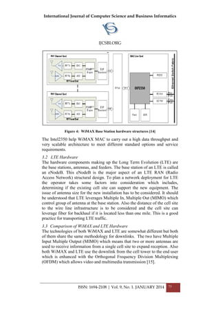 International Journal of Computer Science and Business Informatics
IJCSBI.ORG
ISSN: 1694-2108 | Vol. 9, No. 1. JANUARY 2014 73
Figure 4: WiMAX Base Station hardware structures [14]
The Intel2350 help WiMAX MAC to carry out a high data throughput and
very scalable architecture to meet different standard options and service
requirements.
3.2 LTE Hardware
The hardware components making up the Long Term Evolution (LTE) are
the base stations, antennas, and feeders. The base station of an LTE is called
an eNodeB. This eNodeB is the major aspect of an LTE RAN (Radio
Access Network) structural design. To plan a network deployment for LTE
the operator takes some factors into consideration which includes,
determining if the existing cell site can support the new equipment. The
issue of antenna size for the new installation has to be considered. It should
be understood that LTE leverages Multiple In, Multiple Out (MIMO) which
control group of antenna at the base station. Also the distance of the cell site
to the wire line infrastructure is to be considered and the cell site can
leverage fiber for backhaul if it is located less than one mile. This is a good
practice for transporting LTE traffic.
3.3 Comparison of WiMAX and LTE Hardware
The technologies of both WiMAX and LTE are somewhat different but both
of them share the same methodology for downlinks. The two have Multiple
Input Multiple Output (MIMO) which means that two or more antennas are
used to receive information from a single cell site to expand reception. Also
both WiMAX and LTE use the downlink from the cell tower to the end user
which is enhanced with the Orthogonal Frequency Division Multiplexing
(OFDM) which allows video and multimedia transmission [15].
 