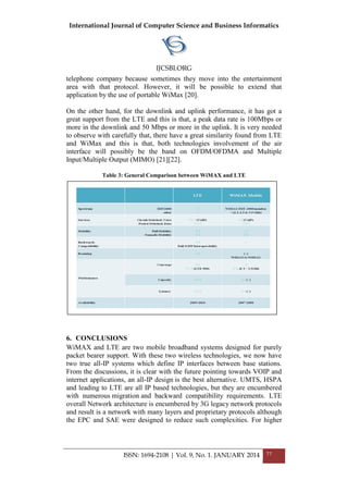 International Journal of Computer Science and Business Informatics
IJCSBI.ORG
ISSN: 1694-2108 | Vol. 9, No. 1. JANUARY 2014 77
telephone company because sometimes they move into the entertainment
area with that protocol. However, it will be possible to extend that
application by the use of portable WiMax [20].
On the other hand, for the downlink and uplink performance, it has got a
great support from the LTE and this is that, a peak data rate is 100Mbps or
more in the downlink and 50 Mbps or more in the uplink. It is very needed
to observe with carefully that, there have a great similarity found from LTE
and WiMax and this is that, both technologies involvement of the air
interface will possibly be the band on OFDM/OFDMA and Multiple
Input/Multiple Output (MIMO) [21][22].
Table 3: General Comparison between WiMAX and LTE
6. CONCLUSIONS
WiMAX and LTE are two mobile broadband systems designed for purely
packet bearer support. With these two wireless technologies, we now have
two true all-IP systems which define IP interfaces between base stations.
From the discussions, it is clear with the future pointing towards VOIP and
internet applications, an all-IP design is the best alternative. UMTS, HSPA
and leading to LTE are all IP based technologies, but they are encumbered
with numerous migration and backward compatibility requirements. LTE
overall Network architecture is encumbered by 3G legacy network protocols
and result is a network with many layers and proprietary protocols although
the EPC and SAE were designed to reduce such complexities. For higher
 