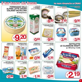 Il tuo banco del fresco                                                                                                                  Io non rinuncio a CRAI!
                                                                                LATTE UHT                         VAL LESINA                        SCIMUDIN                  LATTERIA VALCHIAVENNA
         FORMAGGIO VALLI                                                   PARZIALMENTE
                                                                               SCREMATO
                                                                                                            LATTERIA DELEBIO               COLAVEV VALTELLINA                           125 GANASSA

      ALPINE LATTE CRUDO
                                                                                                                     Al kilogrammo                    Al kilogrammo                        Al kilogrammo
                                                                       LATTERIA DI CHIURO

      COLAVEV VALTELLINA
                                                                                                lt. 1



                                     Al kilogrammo




                                                                                                                €
                                                                                                                  8,50                           €
                                                                                                                                                   7,50                               €
                                                                                                                                                                                        9,50
                                                                                                        TALEGGIO DOP VECCHIA                 BORMINO CARNINI                          SFORMATELLA
                                                                                                           VALSASSINA CIRESA                   gr. 300 (al kg. € 10,83)                   CARNINI
                                                                                                                     Al kilogrammo                                                  gr. 300 (al kg. € 10,83)




        EMMENTALER
       SVIZZERO CRAI
                                 9
                                 €      ,20
                                      SCAMORZA FRESCA
                                       -AFFUMICATA CRAI
                                                                              €
                                                                                 0,83
                                                                              MOZZARELLA
                                                                             CILIEGINE CRAI
                                                                                                                €
                                                                                                                  9,80
                                                                                                         CRESCENZA CERTOSA
                                                                                                                   GALBANI
                                                                                                                                                 €
                                                                                                                                                   3,25
                                                                                                                                                        SOTTILETTE
                                                                                                                                                                                      €
                                                                                                                                                                                        3,25
                                                                                                                                                LE CLASSICHE KRAFT
       gr. 250 (al kg. € 9,00)              gr. 250 (al kg. € 9,32)           gr. 150 (al kg. € 6,53)          gr. 165 (al kg. € 7,58)



                                                                                                                                                                     gr. 400 (al kg. € 5,48)




          2,25                                 2,33                              0,98                             1,25
                                                    Anziché € 2,92                    Anziché € 1,40



                                     - 20                             - 30
                                        %                                 %
        €                                   €                                 €                                 €

     RICOTTINE LATTE                  RICOTTA VALLELATA                           BURRO CRAI              PHILADELPHIA KRAFT
 VACCINO GRANAROLO                              GALBANI                       gr. 250 (al kg. € 5,40)           gr. 80 (al kg. € 8,63)
     gr. 100x2 (al kg. € 4,95)              gr. 250 (al kg. € 5,16)




        €
          0,99                              €
                                               1,29                           €
                                                                                 1,35                           €
                                                                                                                  0,69                                                    2
                                                                                                                                                                          €        ,19
                                                                                                                                                                                                               7
 