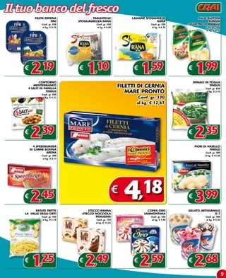 Il tuo banco del fresco
          PASTA RIPIENA                TAGLIATELLE                 LASAGNE SFOGLIAVELO              SALSE BUITONI
                    FINI       SFOGLIAGREZZA RANA                                 RANA                     FUNGHI
              Conf. gr. 250              Conf. gr. 250                       Conf. gr. 250    -QUATTRO FORMAGGI
              al kg. € 8,76              al kg. € 4,40                       al kg. € 6,36                Conf. gr. 200
                                                                                                          al kg. € 9,95




    €
        2,19                   €
                                   1,10                             €
                                                                        1,59                  €
                                                                                                   1,99
             CONTORNO                                                                             SPINACI IN FOGLIA
         MEDITERRANEO
      4 SALTI IN PADELLA
                                                              FILETTI DI CERNIA                              FINDUS
                                                                                                          Conf. gr. 850
                  FINDUS
              Conf. gr. 450
                                                                 MARE PRONTO                              al kg. € 2,76

              al kg. € 5,31                                           Conf. gr. 330
                                                                     al kg. € 12,67




    €
        2,39                                                                                  €
                                                                                                  2,35
          4 SPEEDBURGER                                                                            FIORI DI NASELLO
        DI CARNE BOVINA                                                                                      FINDUS
                  ARENA                                                                                   Conf. gr. 300
              Conf. gr. 300                                                                              al kg. € 13,30
               al kg. € 8,17




    €
      2,45
          PATATE FRITTE             STECCO PANNA
                                                          €
                                                                4       ,18
                                                                           COPPA ORO
                                                                                              €
                                                                                                   3,99
                                                                                              GELATO ARTIGIANALE
    LA VALLE DEGLI ORTI         -STECCO NOCCIOLA                         SAMMONTANA                          G7
              Conf. gr. 450             PERUGINA                             Conf. gr. 350                Conf. gr. 500
              al kg. € 2,78               Conf. gr. 183                       al kg. € 7,40               al kg. € 5,36
                                         al kg. € 13,61




    €
         1,25                  €
                                   2,49                             €
                                                                        2,59                  €
                                                                                                  2,68
                                                                                                                          9
 