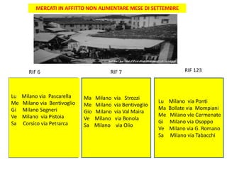 MERCATI IN AFFITTO NON ALIMENTARE MESE DI SETTEMBRE
RIF 6 RIF 7 RIF 123
Lu Milano via Pascarella
Me Milano via Bentivoglio
Gi Milano Segneri
Ve Milano via Pistoia
Sa Corsico via Petrarca
Ma Milano via Strozzi
Me Milano via Bentivoglio
Gio Milano via Val Maira
Ve Milano via Bonola
Sa Milano via Olio
Lu Milano via Ponti
Ma Bollate via Mompiani
Me Milano vle Cermenate
Gi Milano via Osoppo
Ve Milano via G. Romano
Sa Milano via Tabacchi
 